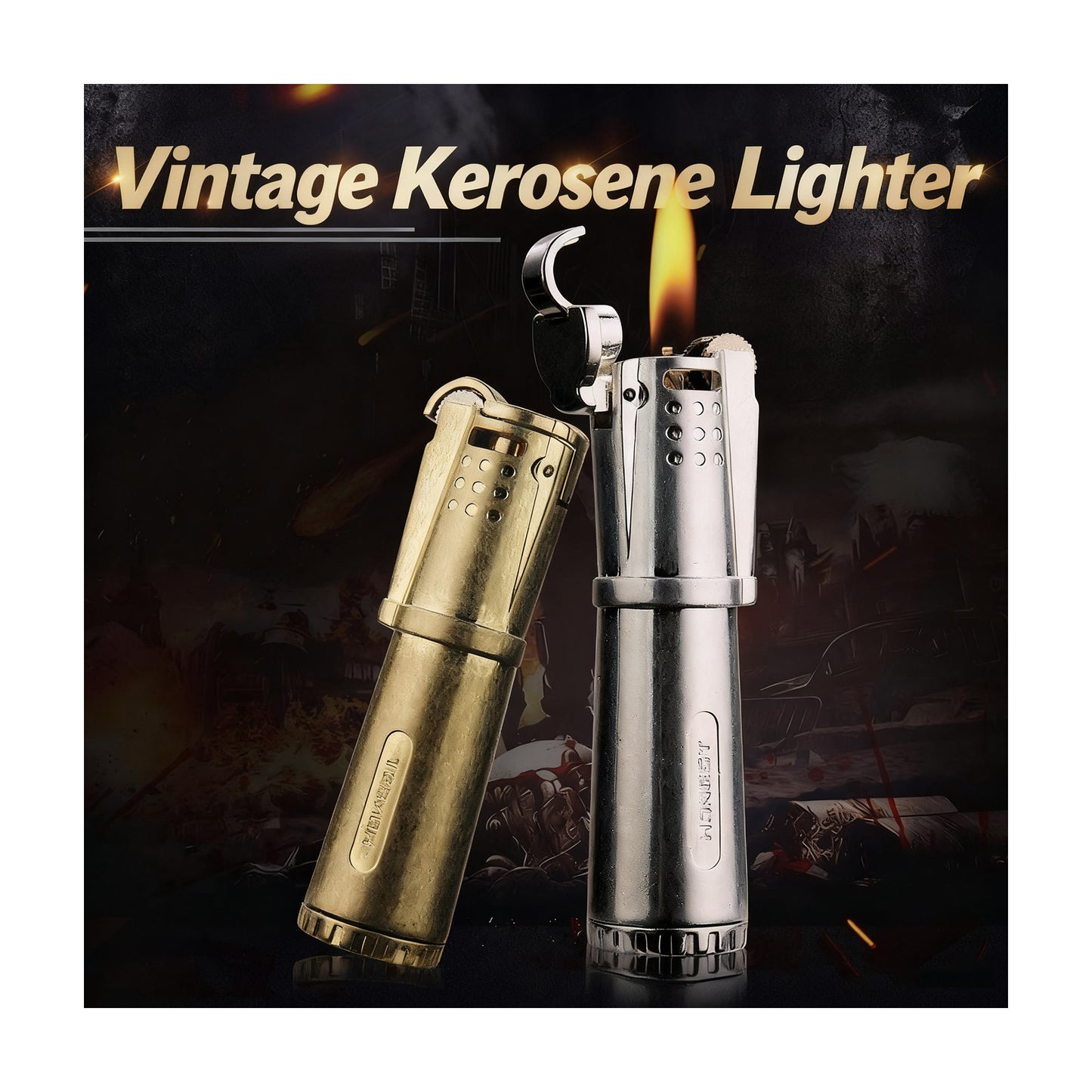 Honest Metal Kerosene Gasoline Vintage Collectible Lighter, Wheeled Trench Cool Lighter Windproof Trench (Liquid Not Included) Refillable Fuel, Portable Candle Cigar Lighter Outdoor Camping