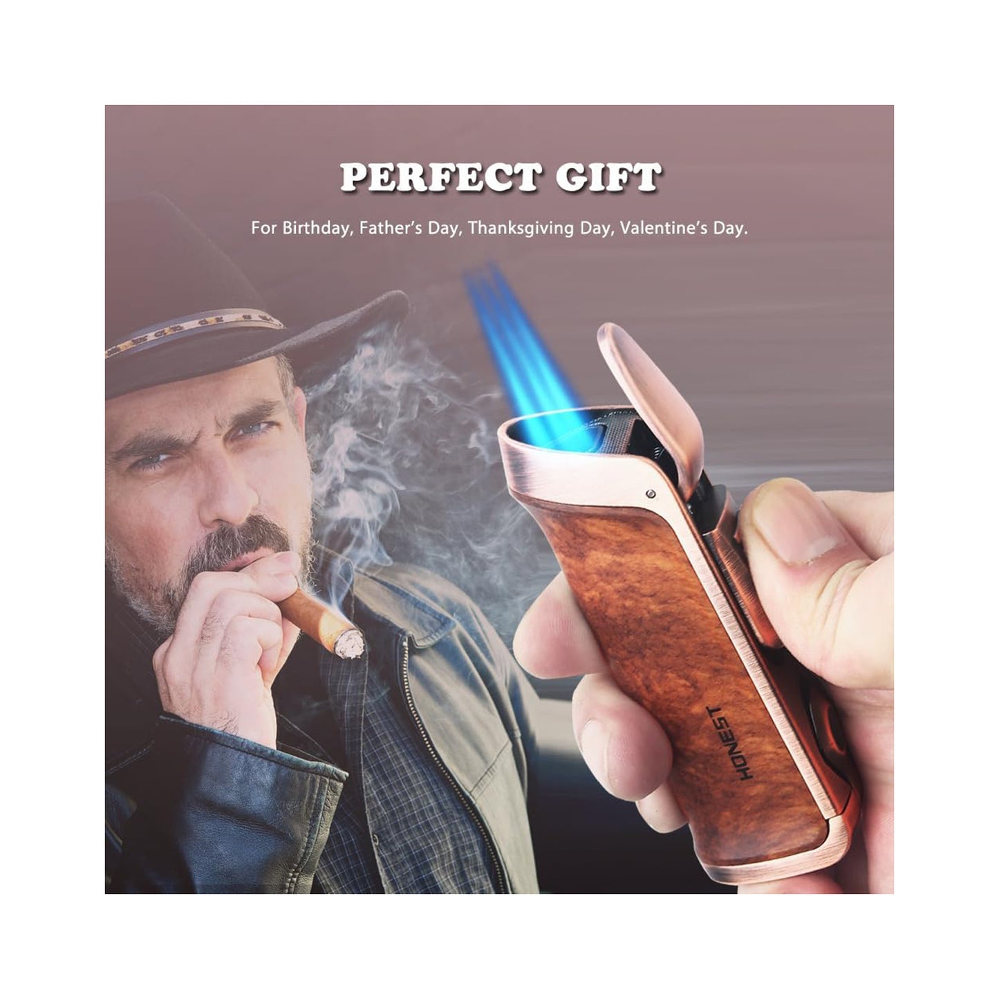 HONEST Triple Jet Torch Lighter – Refillable with Built-in Punch, Adjustable Flame Intensity, and Visible Gas Window – Great for BBQ, Kitchen, Fireplace, and Candles – Perfect Gift for Men