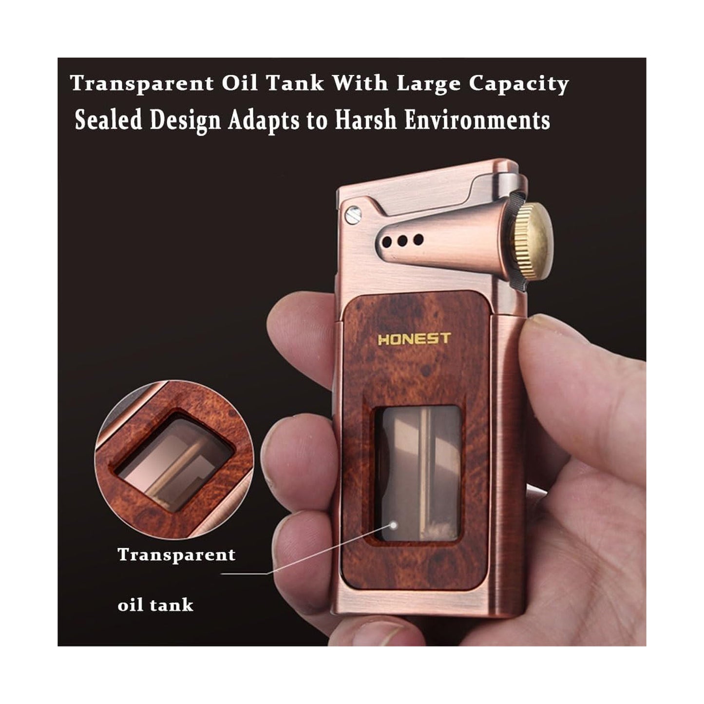 Honest Metal Vintage Windproof Kerosene Lighter, Classic Soft Flame, Portable Transparent Window Reusable Lighter, Gift for Men (Kerosene Not Included)