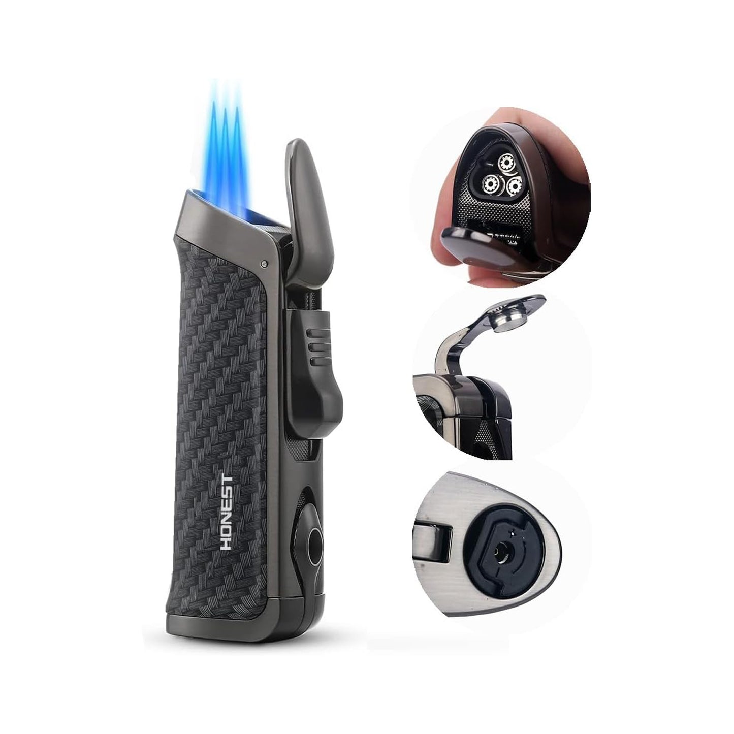 HONEST Triple Jet Torch Lighter – Refillable with Built-in Punch, Adjustable Flame Intensity, and Visible Gas Window – Great for BBQ, Kitchen, Fireplace, and Candles – Perfect Gift for Men