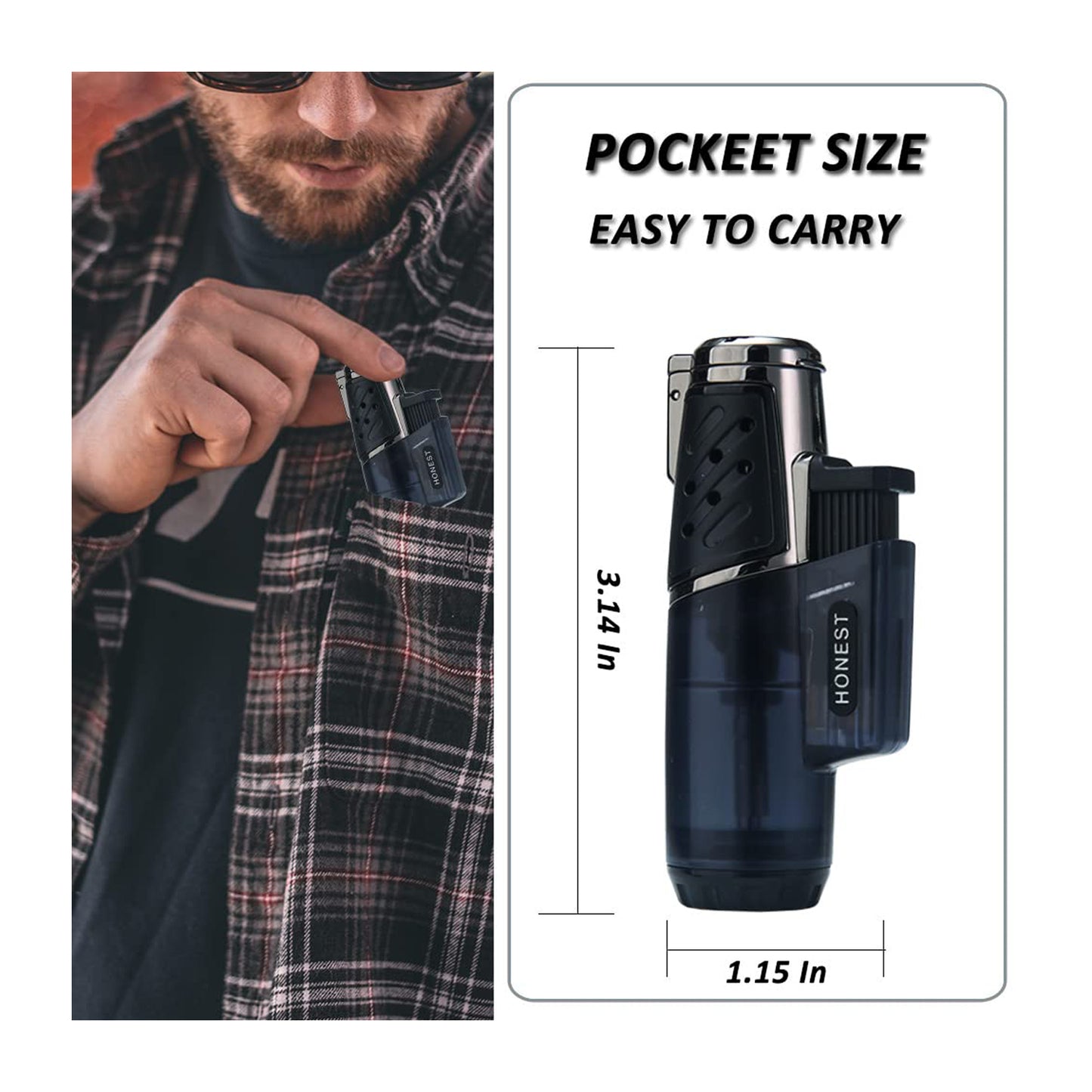 Butane Jet Cigar Torch Lighter – Windproof Turbo Flame Refillable Gas Lighter with Butane Window