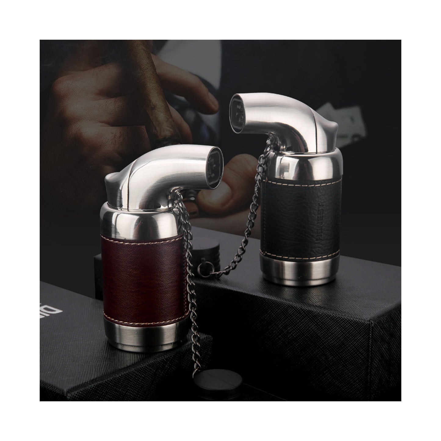 Honest Quad Torch Lighter Leather Tabletop Refillable Butane Gas Red Flame Cigar Tobacco Lighter