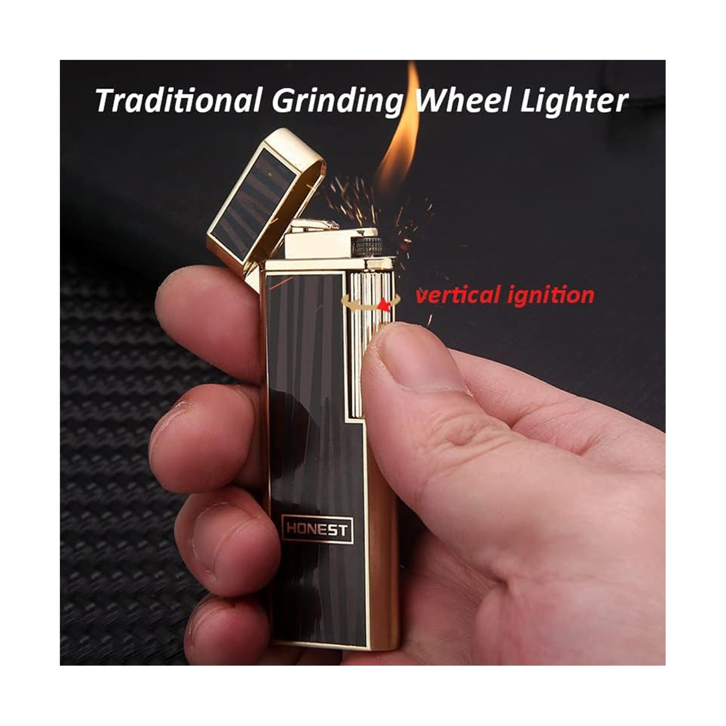 Honest Lighters Slim Soft Flame Lighter Vintage Metal Vertical Ignition Grinding Wheel Butane Lighter Great Gift for Men & Women