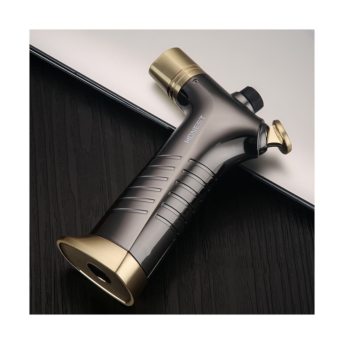 Honest Blue flame direct-into-fire lighter, metal nozzle is safe and durable, jet-type windproof double flame lighter, adjustable flame, rechargeable butane, easy to carry, gift for men