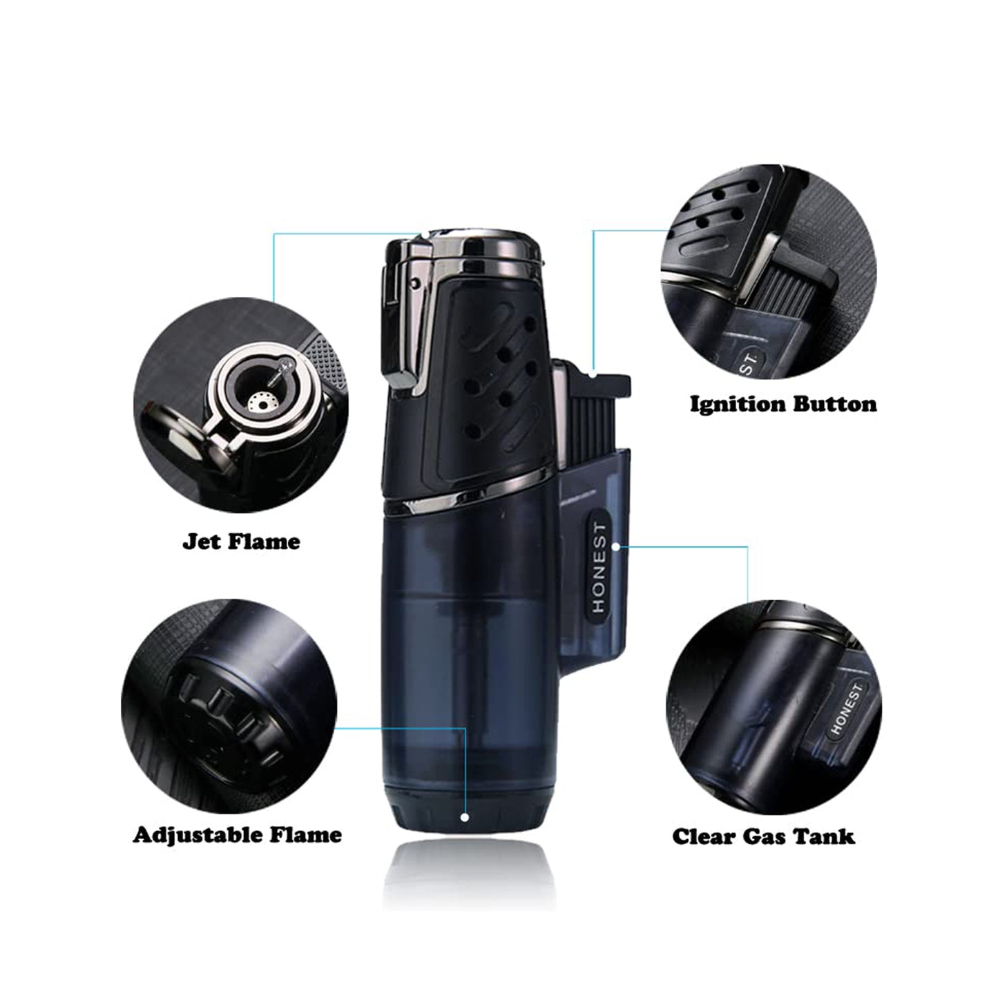 Butane Jet Cigar Torch Lighter – Windproof Turbo Flame Refillable Gas Lighter with Butane Window
