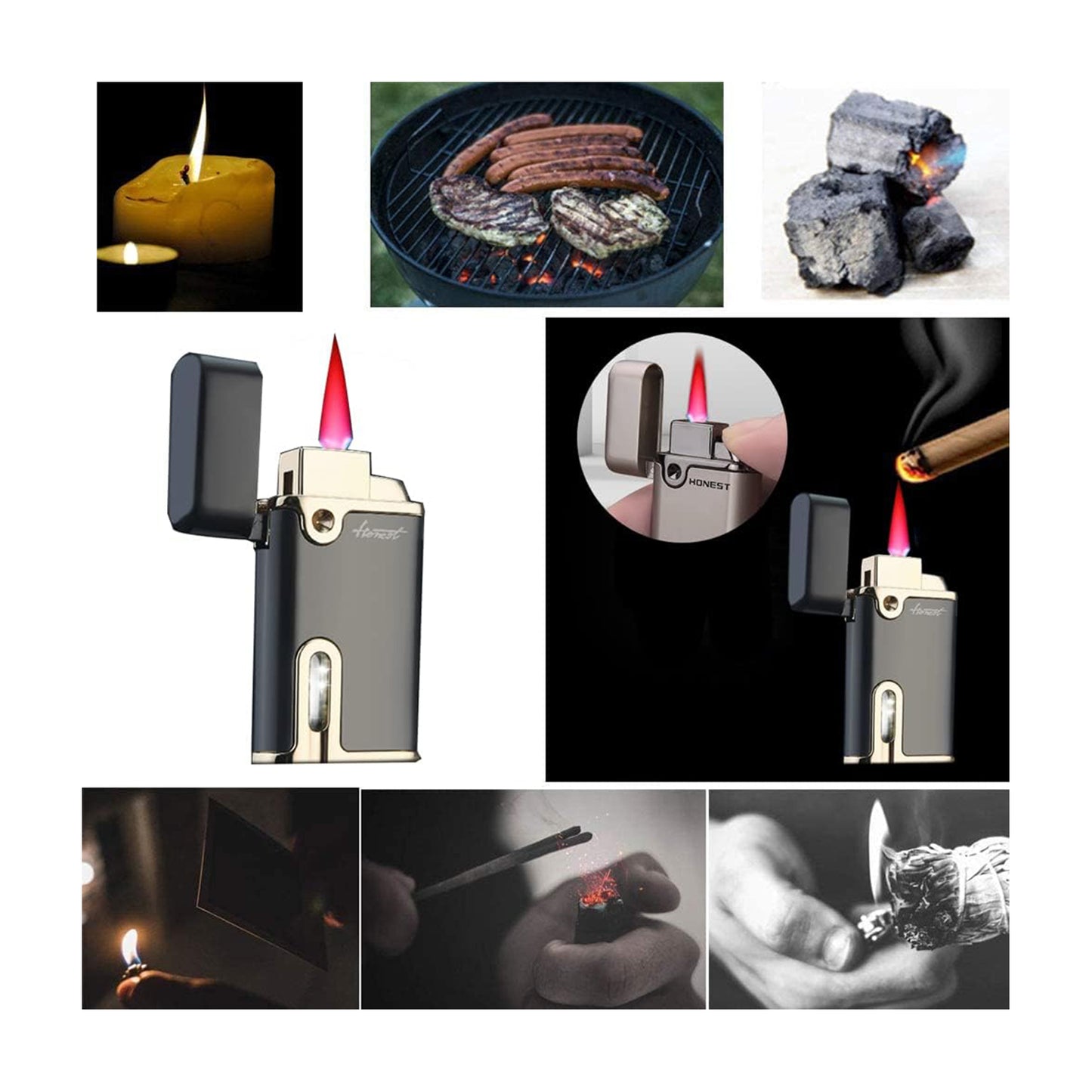 Honest Slim Torch Butane Lighter with Red Flame, Refillable Butane Cigar Lighter, Fuel Visible Window Windproof Lighter for Grill BBQ Camping (Butane NOT Included)