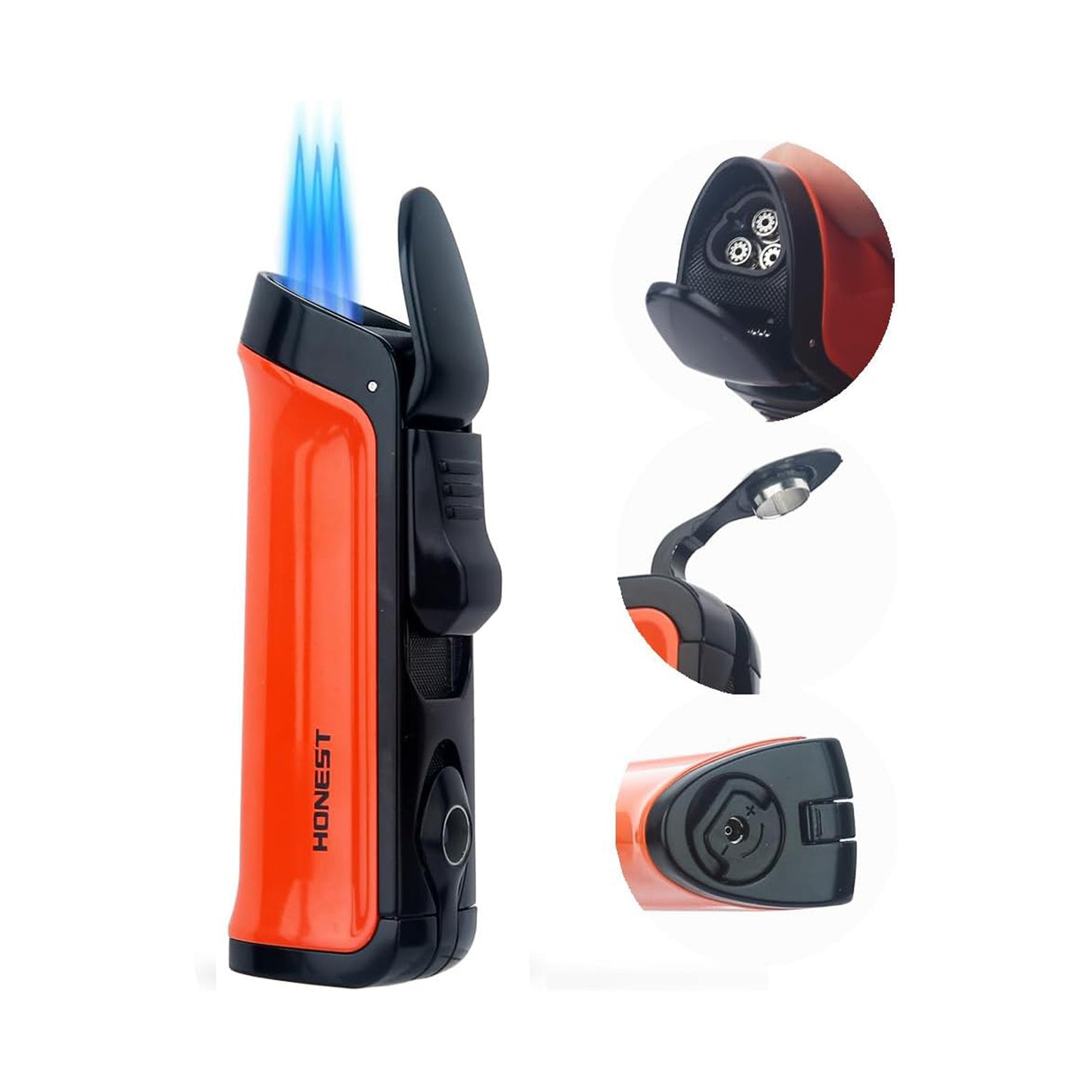 HONEST Triple Jet Torch Lighter – Refillable with Built-in Punch, Adjustable Flame Intensity, and Visible Gas Window – Great for BBQ, Kitchen, Fireplace, and Candles – Perfect Gift for Men