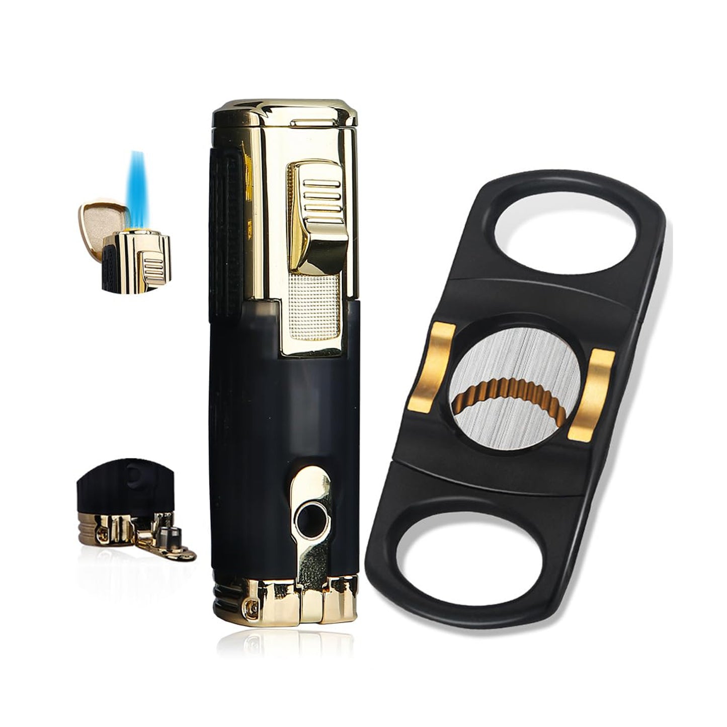 HONEST Cigar Lighter and Cutter Gift Set – Windproof Triple Jet Flame Butane Refillable Lighter with Built-in Cigar Punch