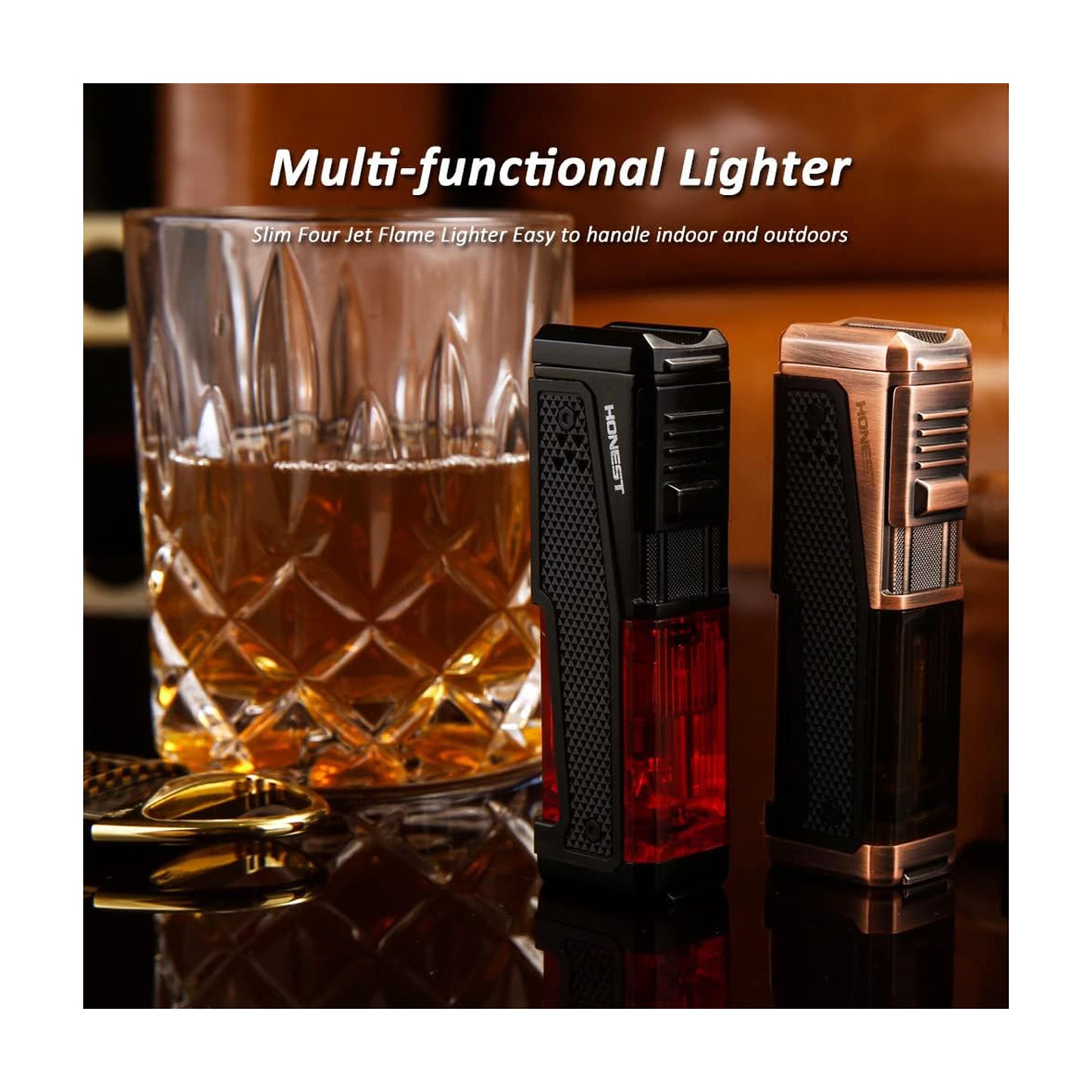Honest Lighter 4 Torch Jet Flame, Lighter with Punch Holder, Refillable Torch Lighter, Windproof Butane Lighters BBQ Camp Gifts