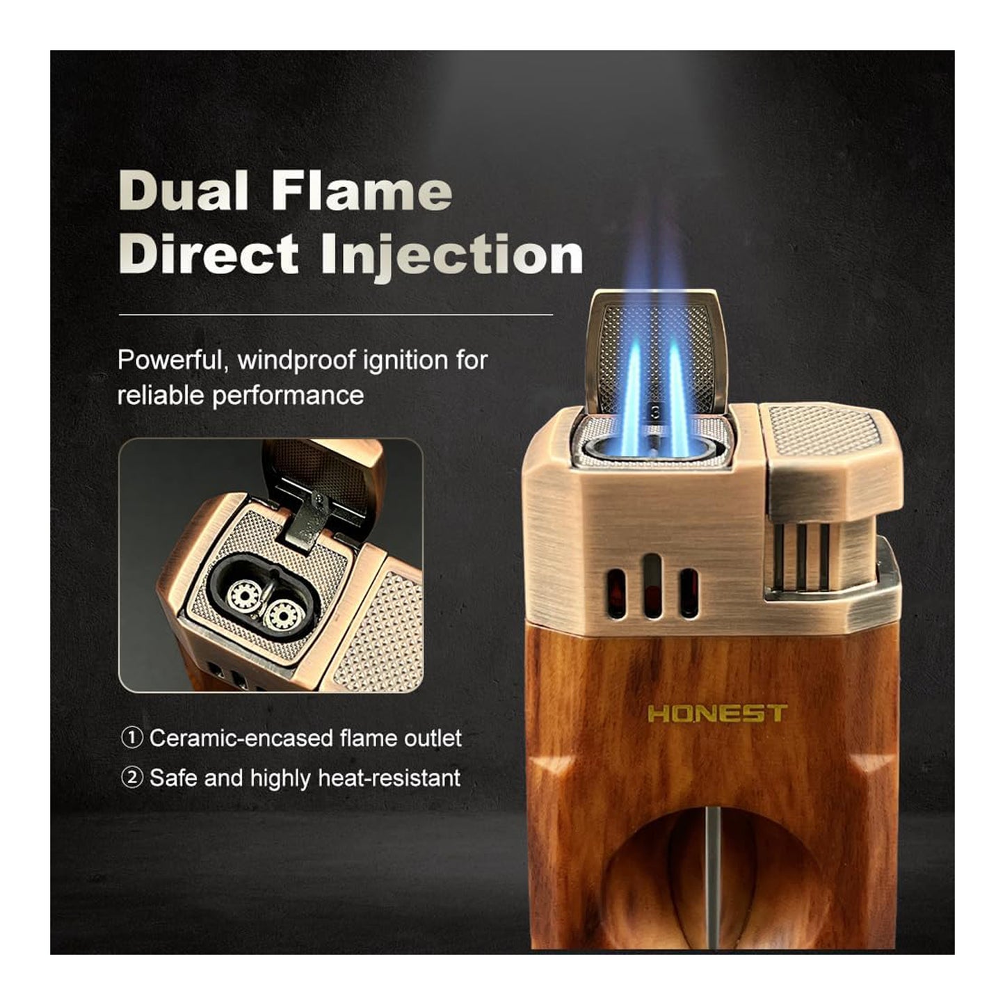 Honest All-in-One Windproof Outdoor Lighter with Dual Jet Flame Built-in Cutter, Butane Refillable and Flames Adjustable, Visible Gas Tank, Portable for Travel, Candle Lovers, Box Included