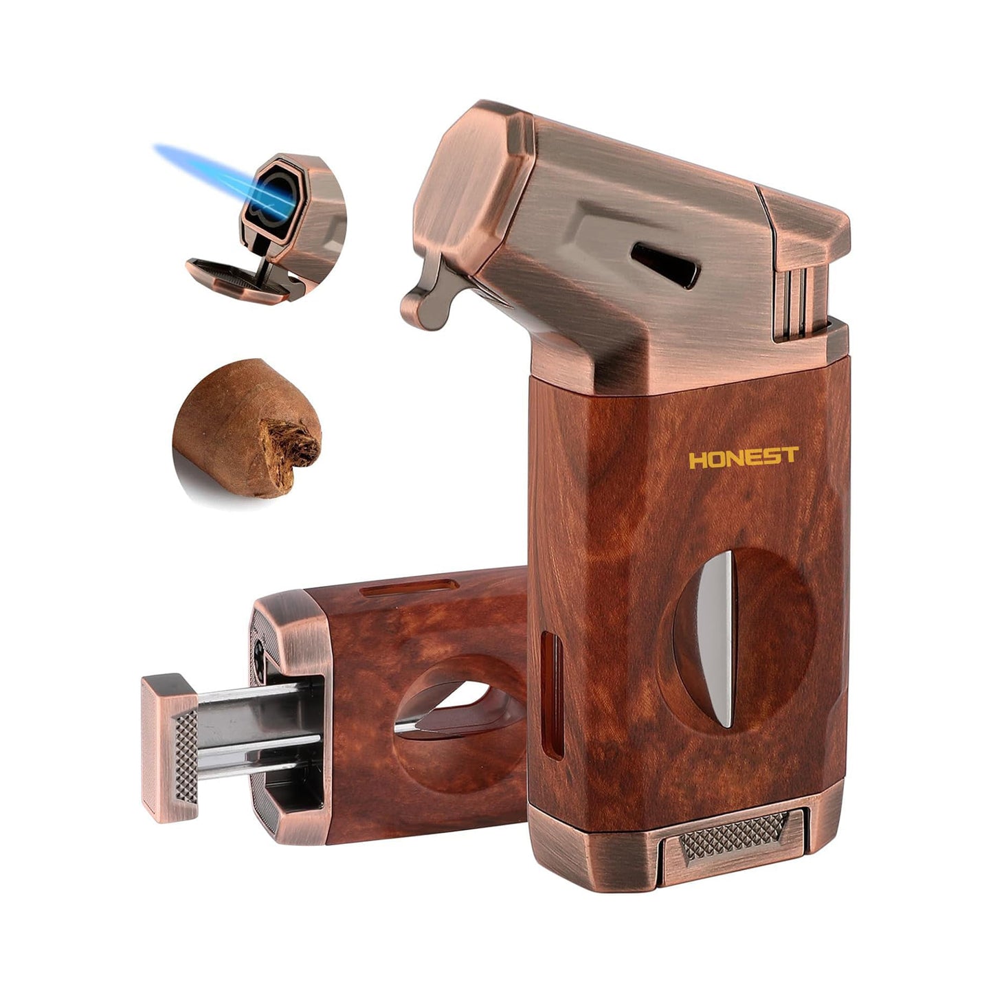 HONEST Refillable Torch Cigar Lighter – Windproof Jet Flame with Built-in V Cigar Cutter, Perfect Gift Box for Christmas, All-in-One Lighter for Smoking and Cigars