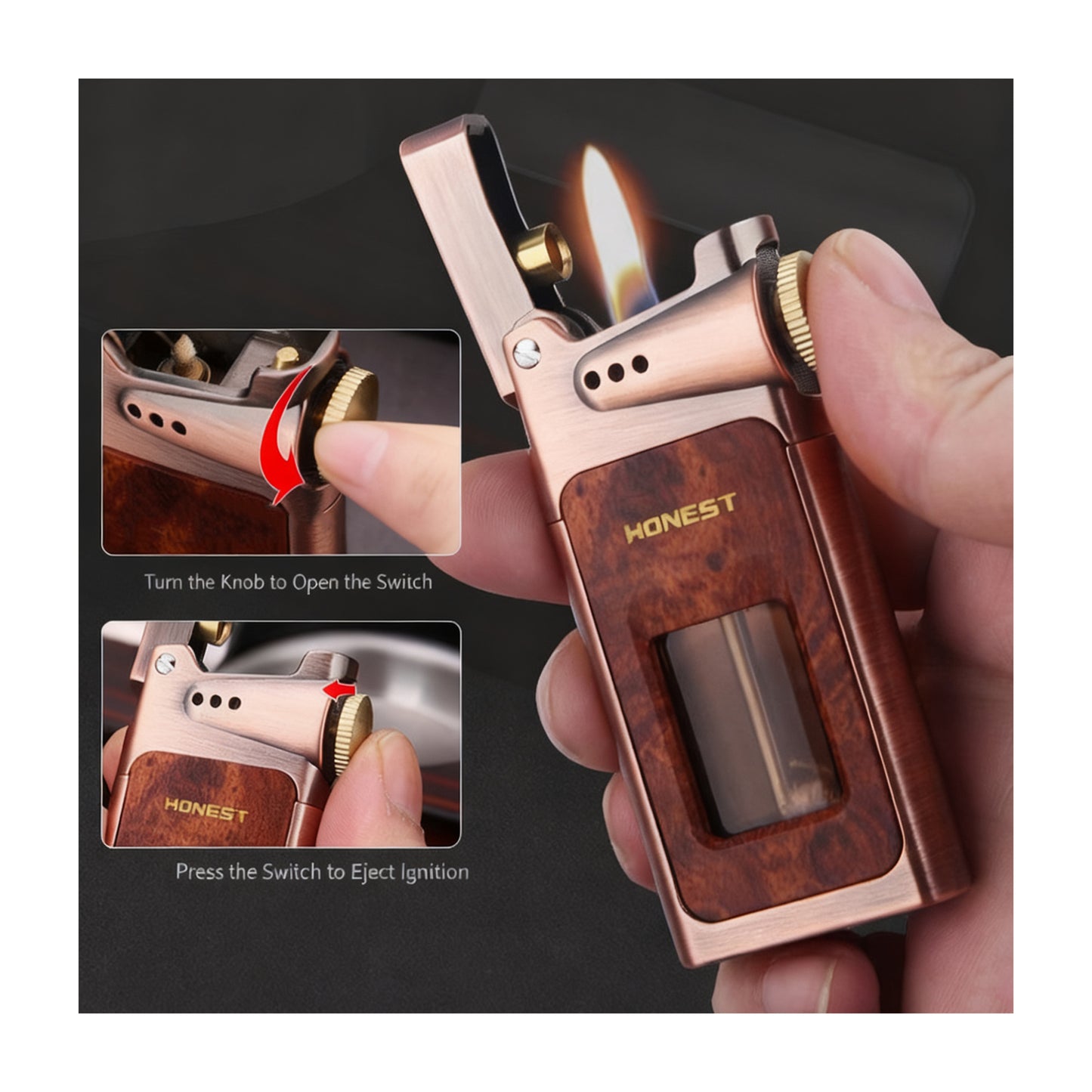 Honest Metal Vintage Windproof Kerosene Lighter, Classic Soft Flame, Portable Transparent Window Reusable Lighter, Gift for Men (Kerosene Not Included)