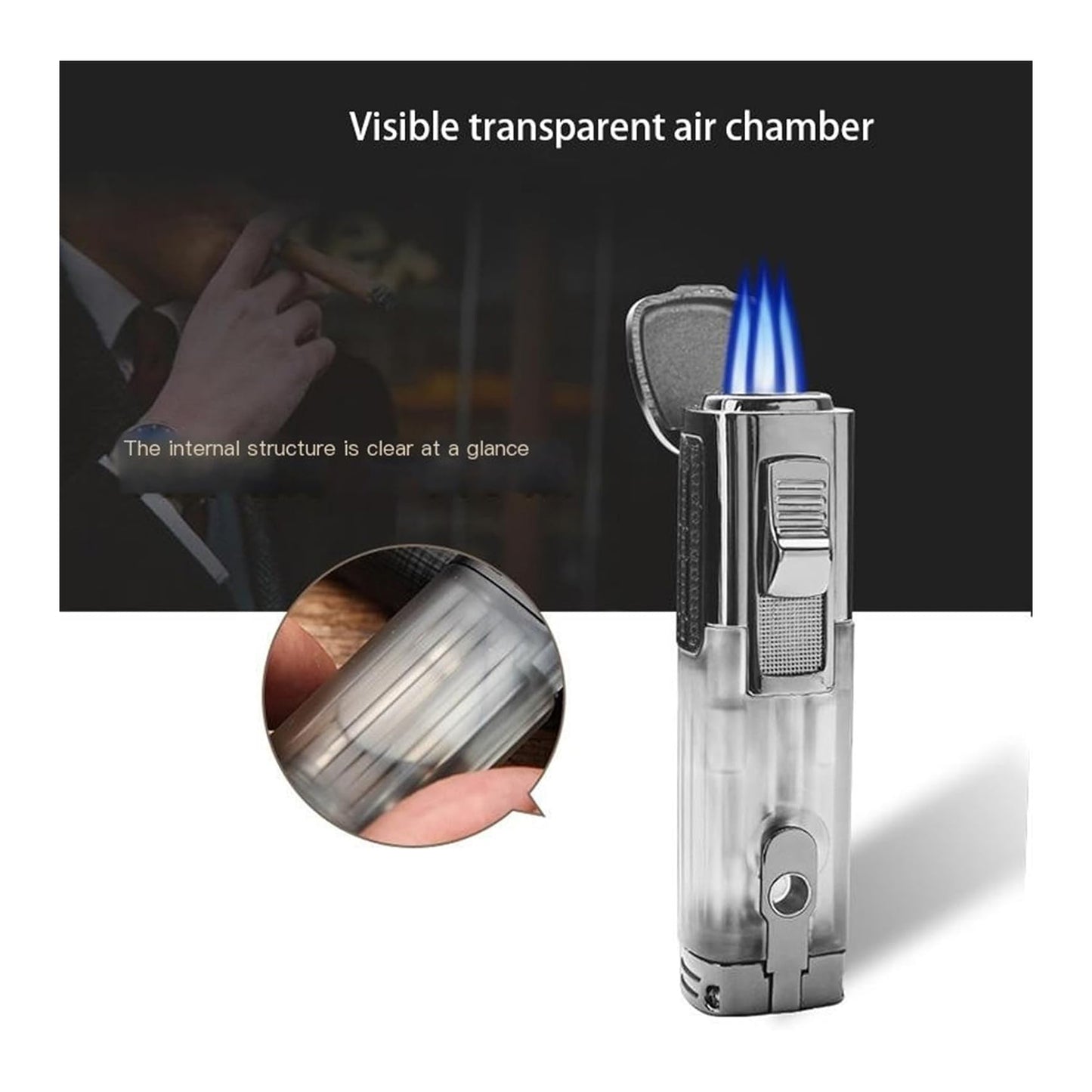 Honest Torch Lighter, Cigar Lighter, Triple 3 Jet Flame Butane Lighter, Windproof Adjustable Portable Lighter, Suitable for Collection, Camping, Outdoor, Men's Gifts