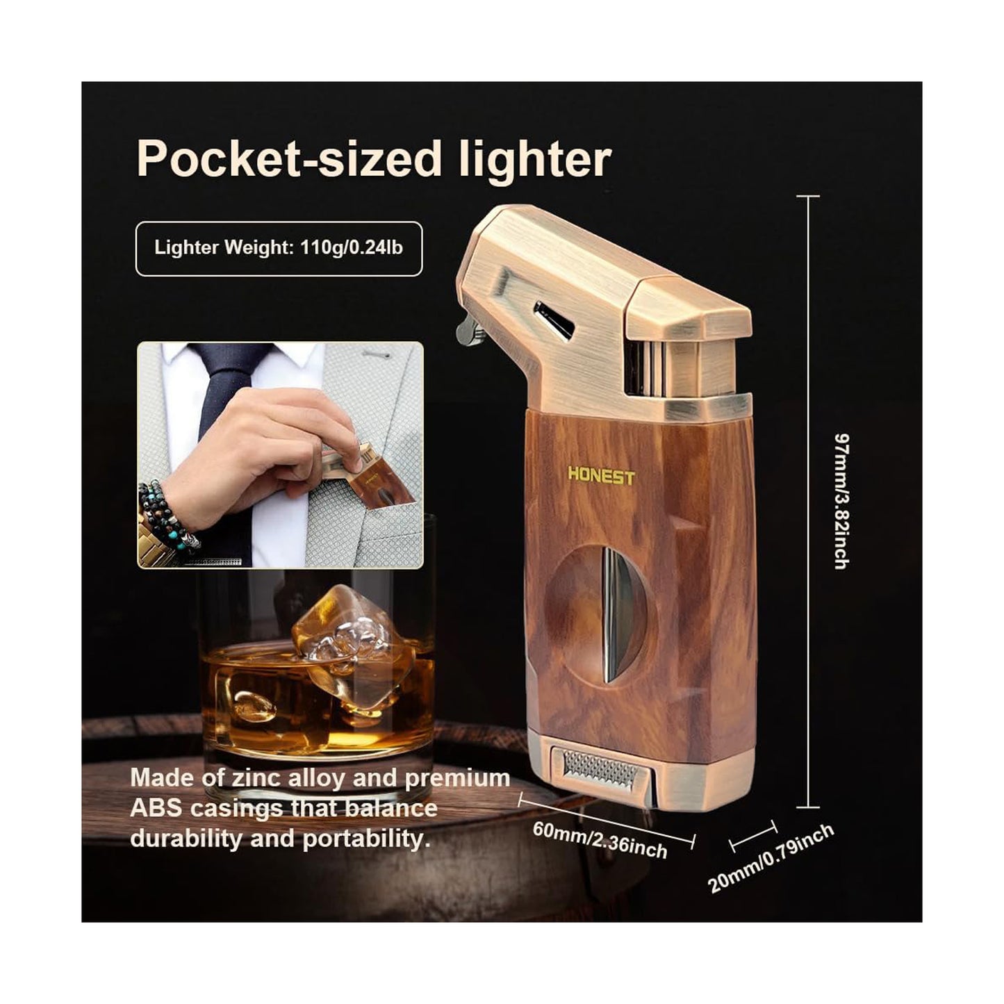 Honest Torch Lighter with V Cutter,Refillable Windproof Adjustable Jet Flame with Fuel Window Butane Torch Lighter,Gifts for Men (Butane not Include)