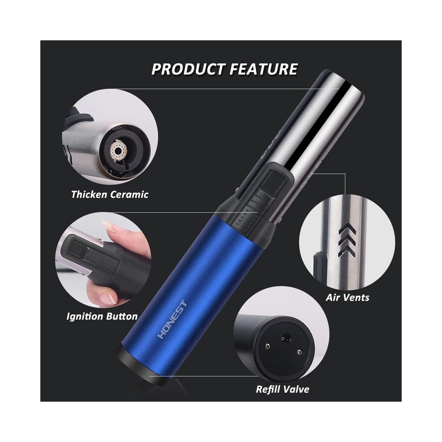 Honest Blow Torch Lighter Outdoor Windproof Lighter Refillable Torch Lighter for cocktail smoker,toast, marshmallows, Creme Brulee, BBQ, and hookah coals