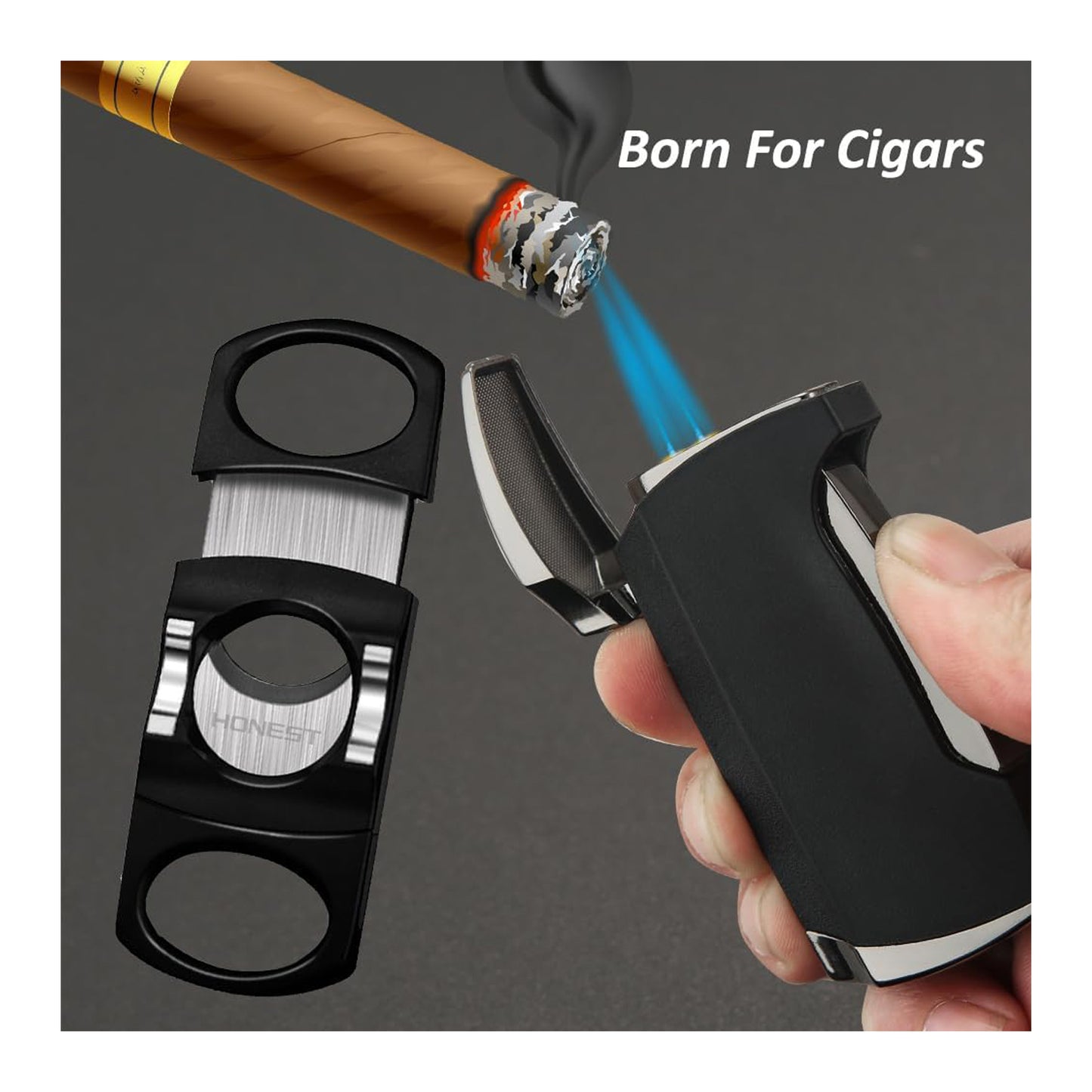 Double Jet Flame Torch Lighter and Cutter Gift Set for Men – Sleek Black Lighter Included