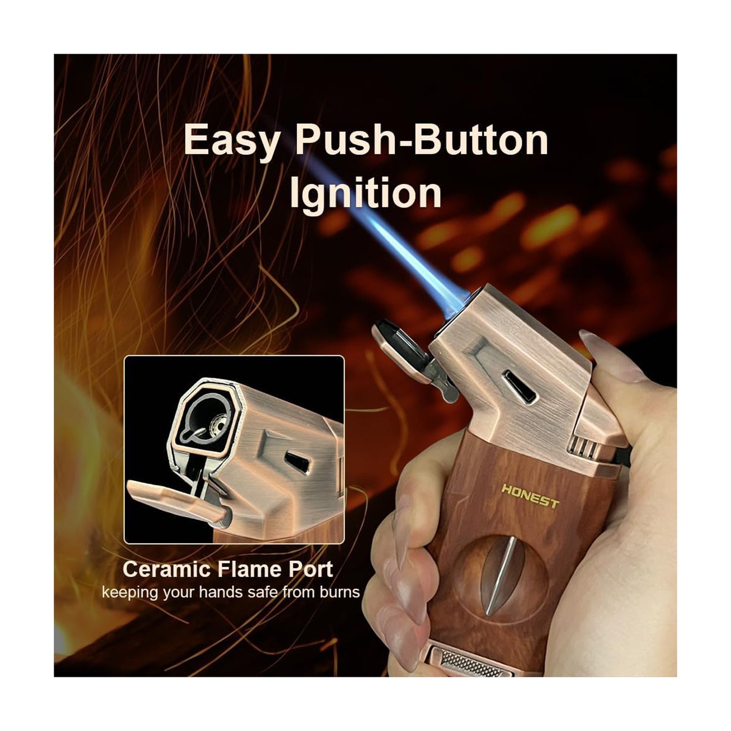 Honest Torch Lighter with V Cutter,Refillable Windproof Adjustable Jet Flame with Fuel Window Butane Torch Lighter,Gifts for Men (Butane not Include)