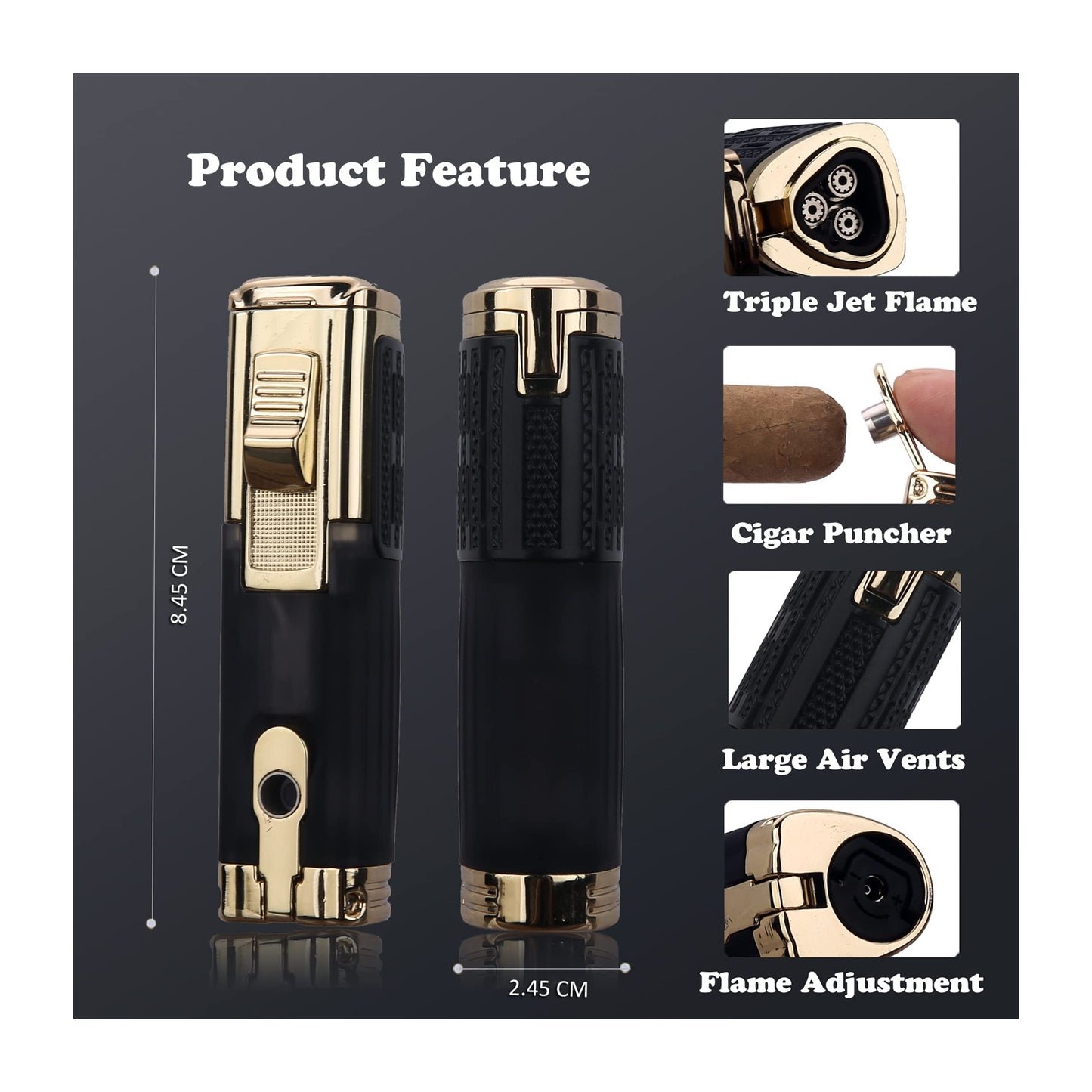 HONEST Cigar Lighter and Cutter Gift Set – Windproof Triple Jet Flame Butane Refillable Lighter with Built-in Cigar Punch