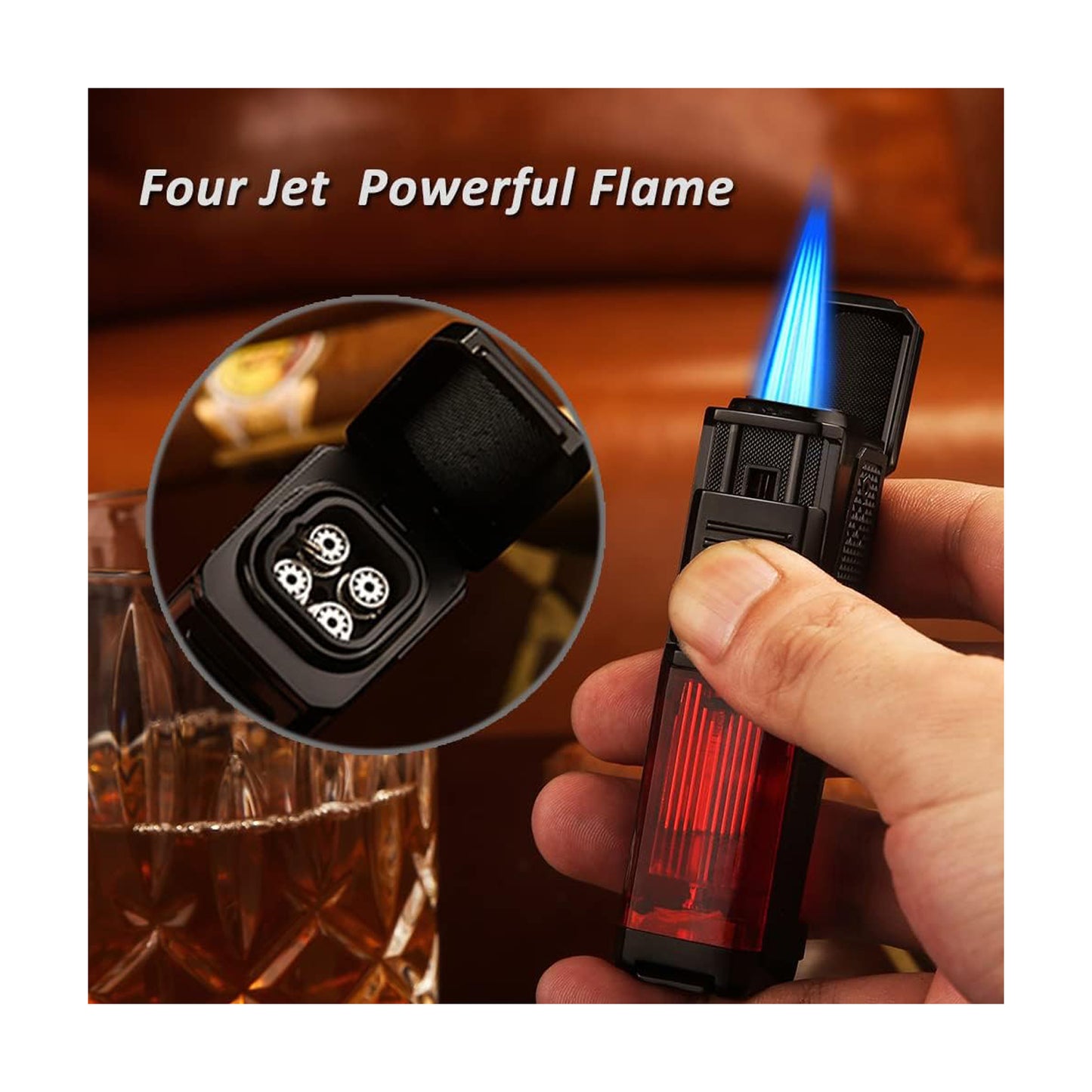 Honest Lighter 4 Torch Jet Flame, Lighter with Punch Holder, Refillable Torch Lighter, Windproof Butane Lighters BBQ Camp Gifts