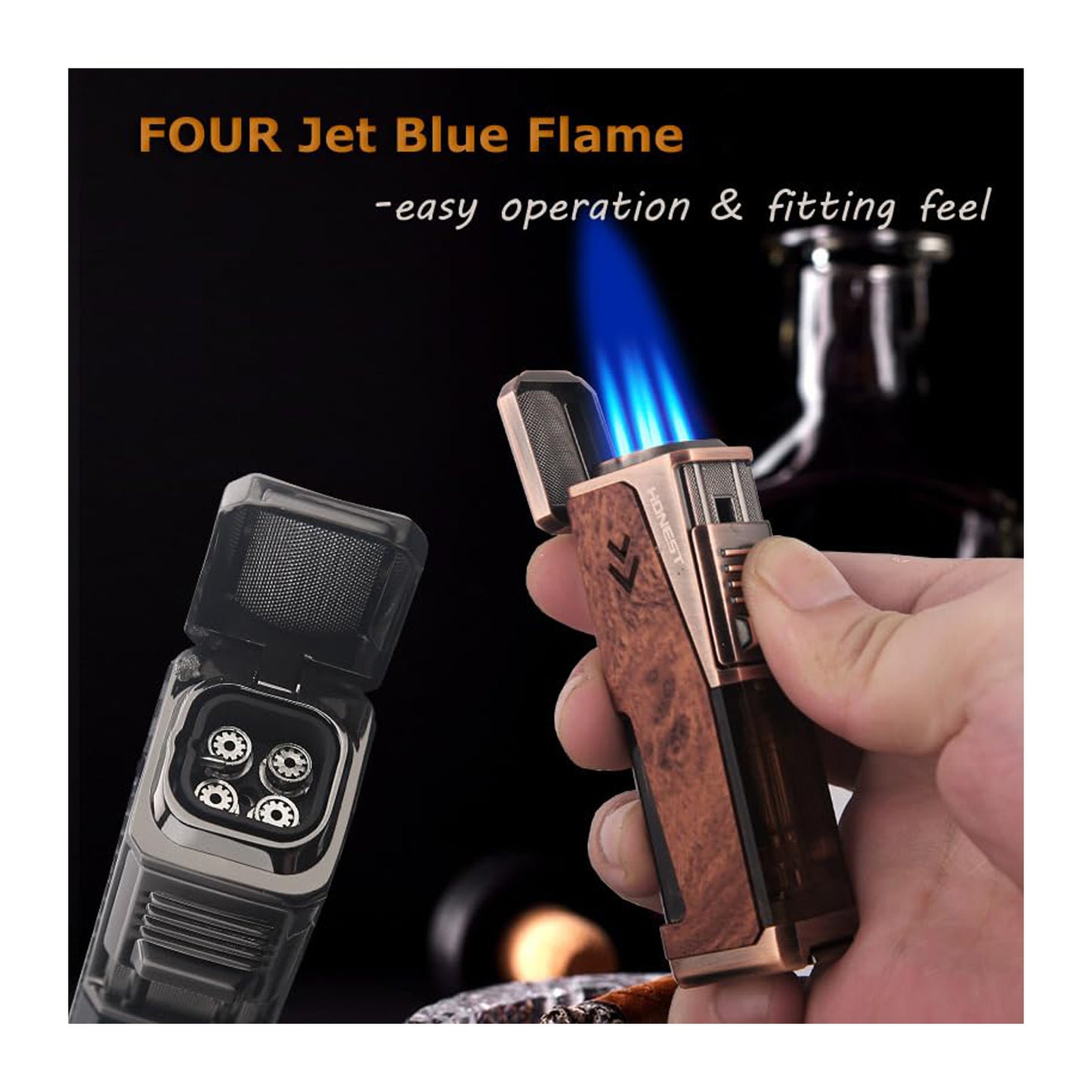 HONEST Four Jet Flame Windproof Butane Torch Lighter – Refillable and Adjustable, Perfect Gift Set for Men, Fathers Day, Friends, and Dads