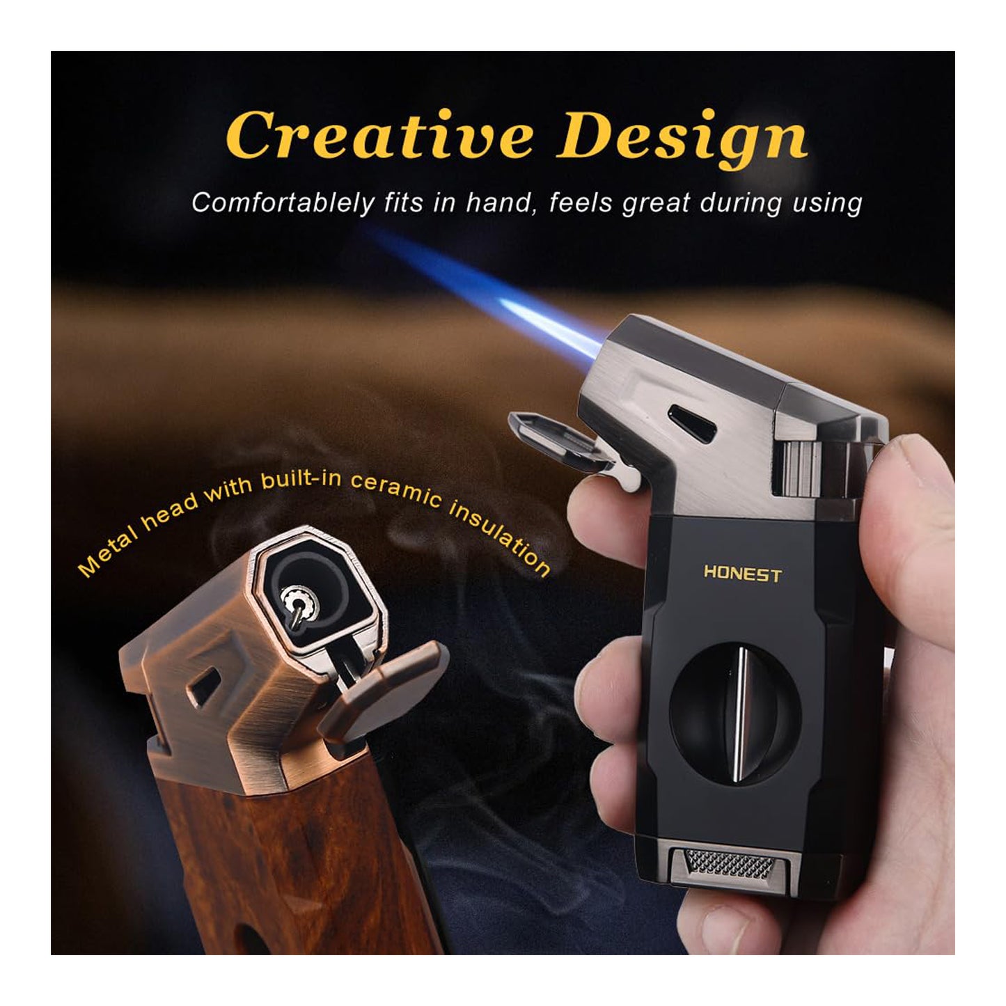 HONEST Refillable Torch Cigar Lighter – Windproof Jet Flame with Built-in V Cigar Cutter, Perfect Gift Box for Christmas, All-in-One Lighter for Smoking and Cigars