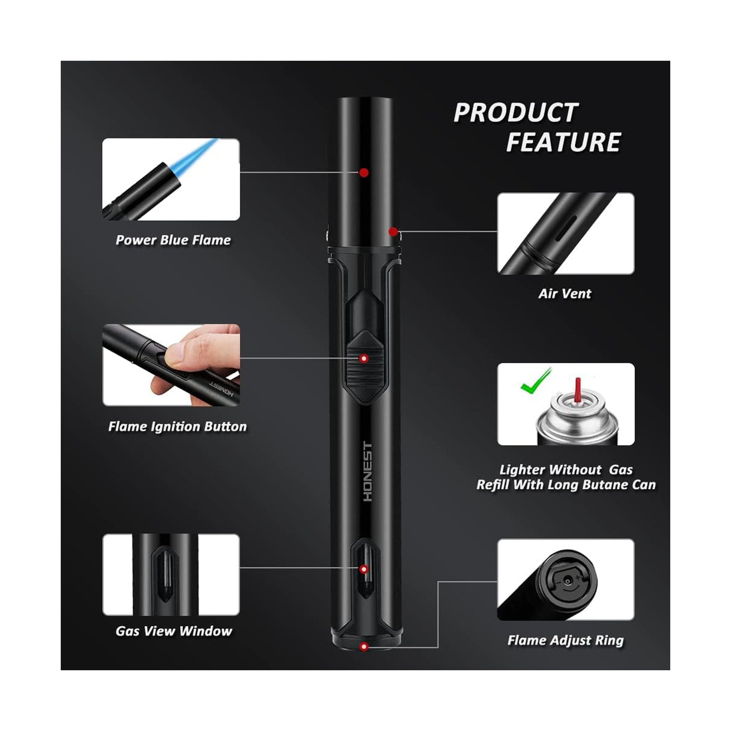 Honest Torch Lighters, Butane Lighters Refillable Single Jet Flame for Candle Grill BBQ Camping