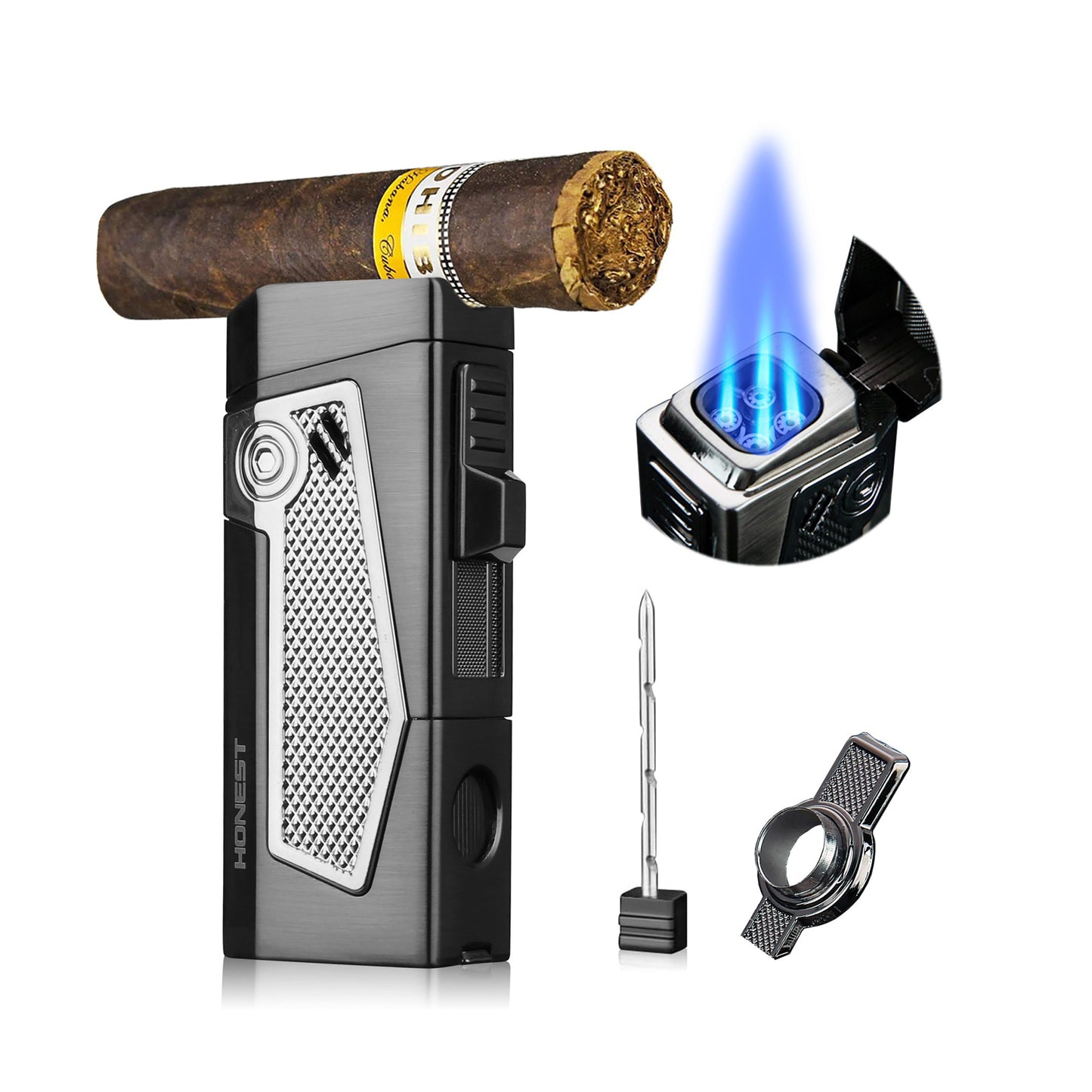 Quadruple Jet Flame Metal Torch Lighter – Refillable Butane Lighter for Men, Perfect Gadgets and Gift Ideas