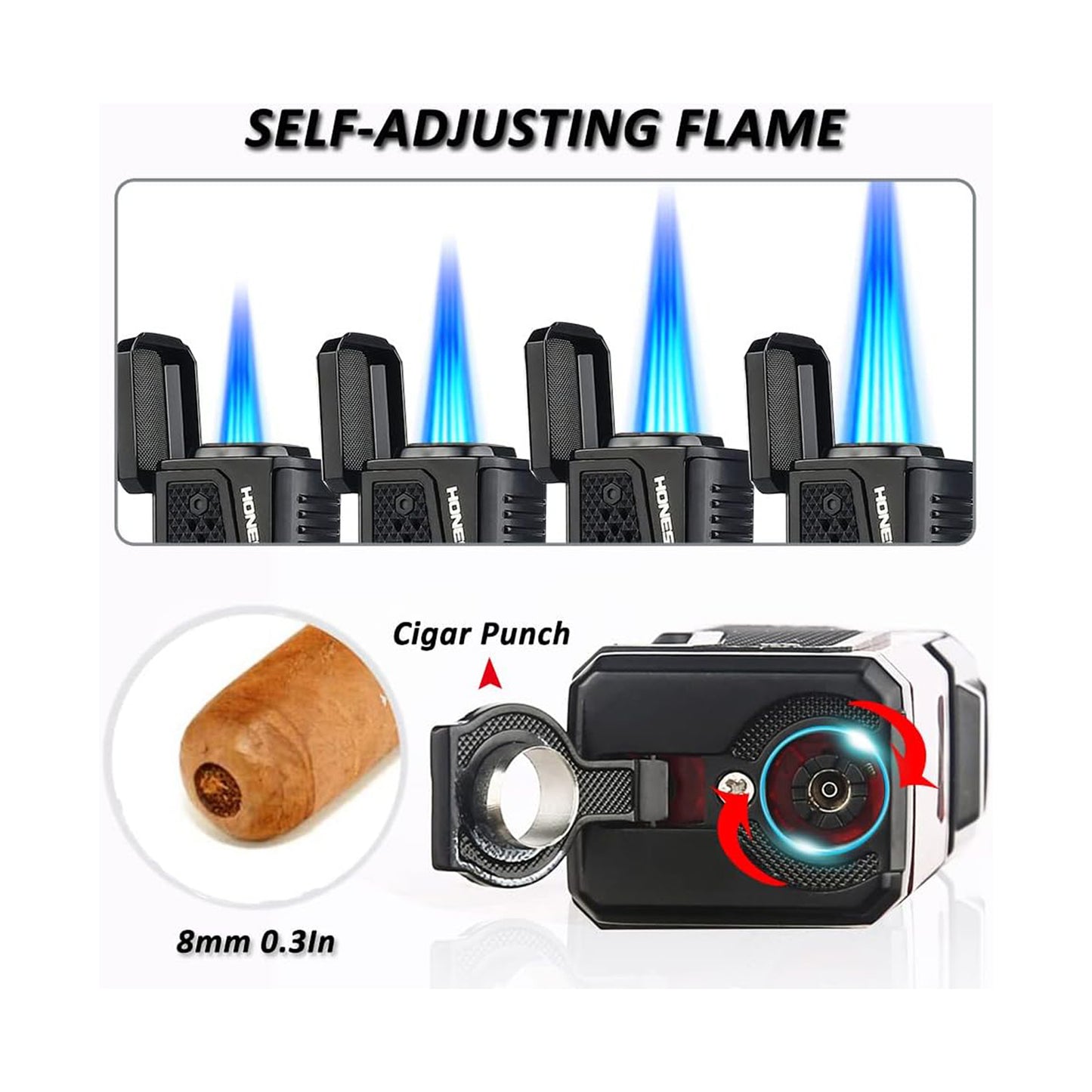 Honest Lighter 4 Torch Jet Flame, Lighter with Punch Holder, Refillable Torch Lighter, Windproof Butane Lighters BBQ Camp Gifts