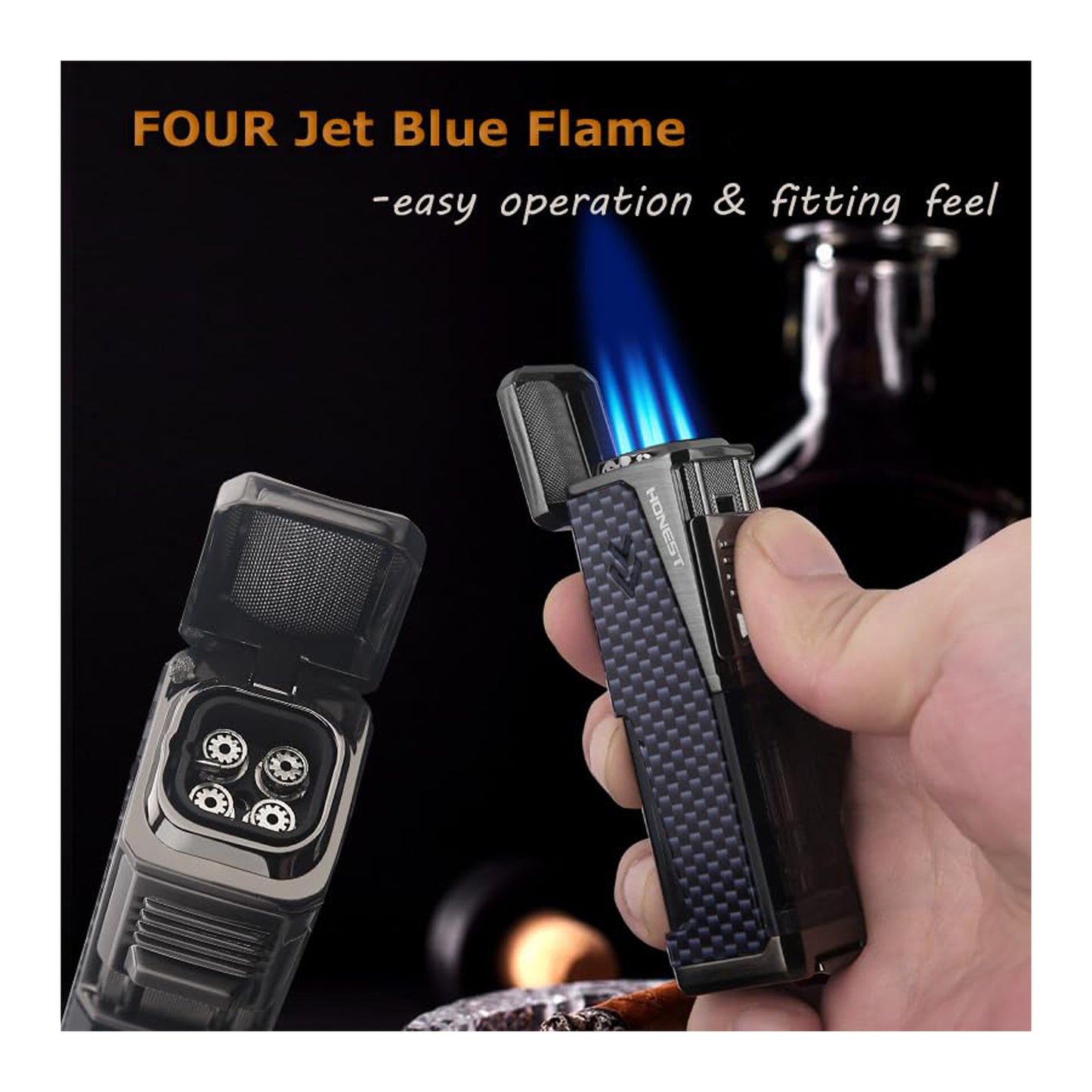 HONEST Four Jet Flame Windproof Butane Torch Lighter – Refillable and Adjustable, Perfect Gift Set for Men, Fathers Day, Friends, and Dads