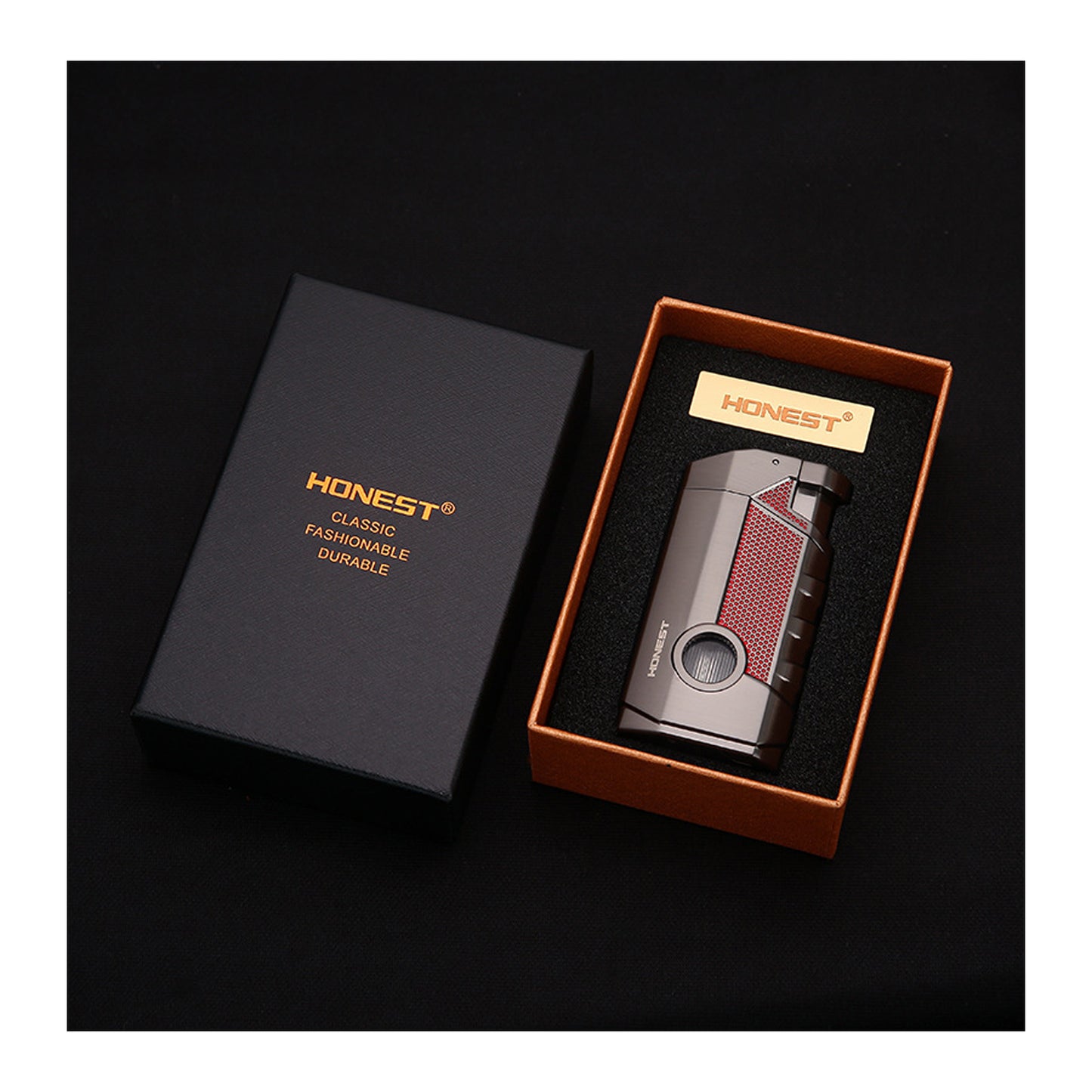 Honest Triple Jet Torch Cigar Lighter with Cigar Punch Rest Holder, Windproof Butane Lighter Refillable - Butane Not Included,Box Included