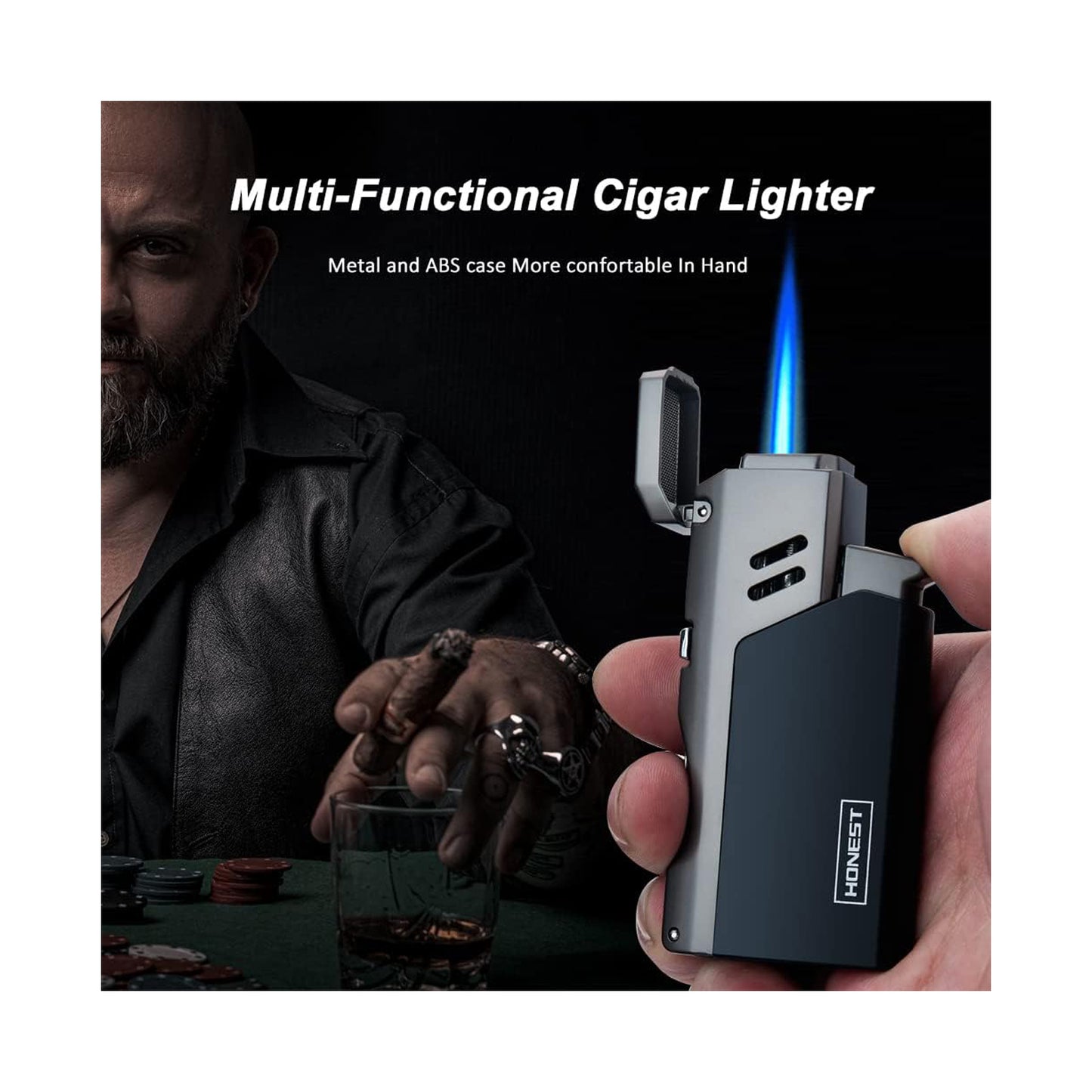 Honest Jet Torch Cigar Lighter - Adjustable Flame, Refillable with Butane - Outdoor