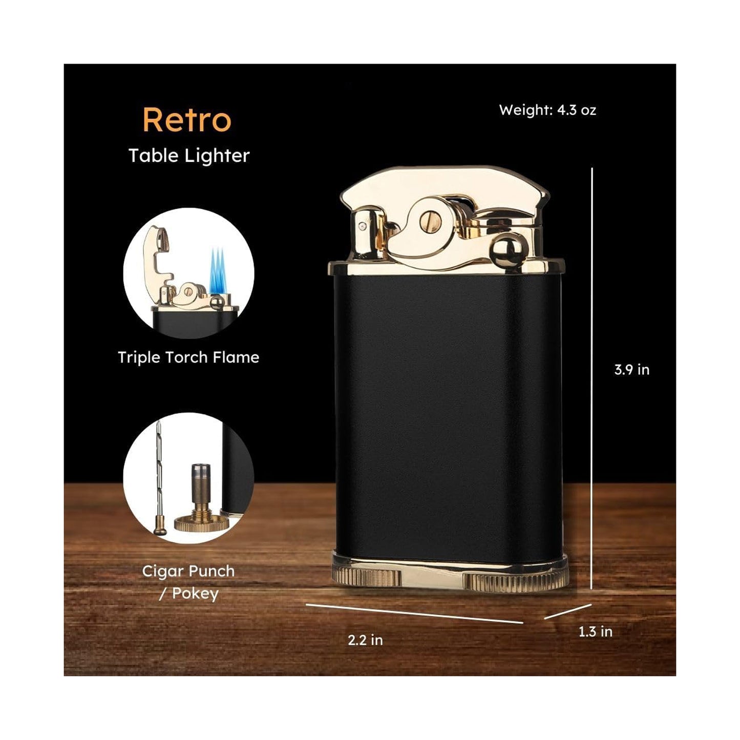 Honest Retro Triple Flame Butane Lighter, Refillable, Windproof, Adjustable Flame, Built-in Cutter, Detachable Poker