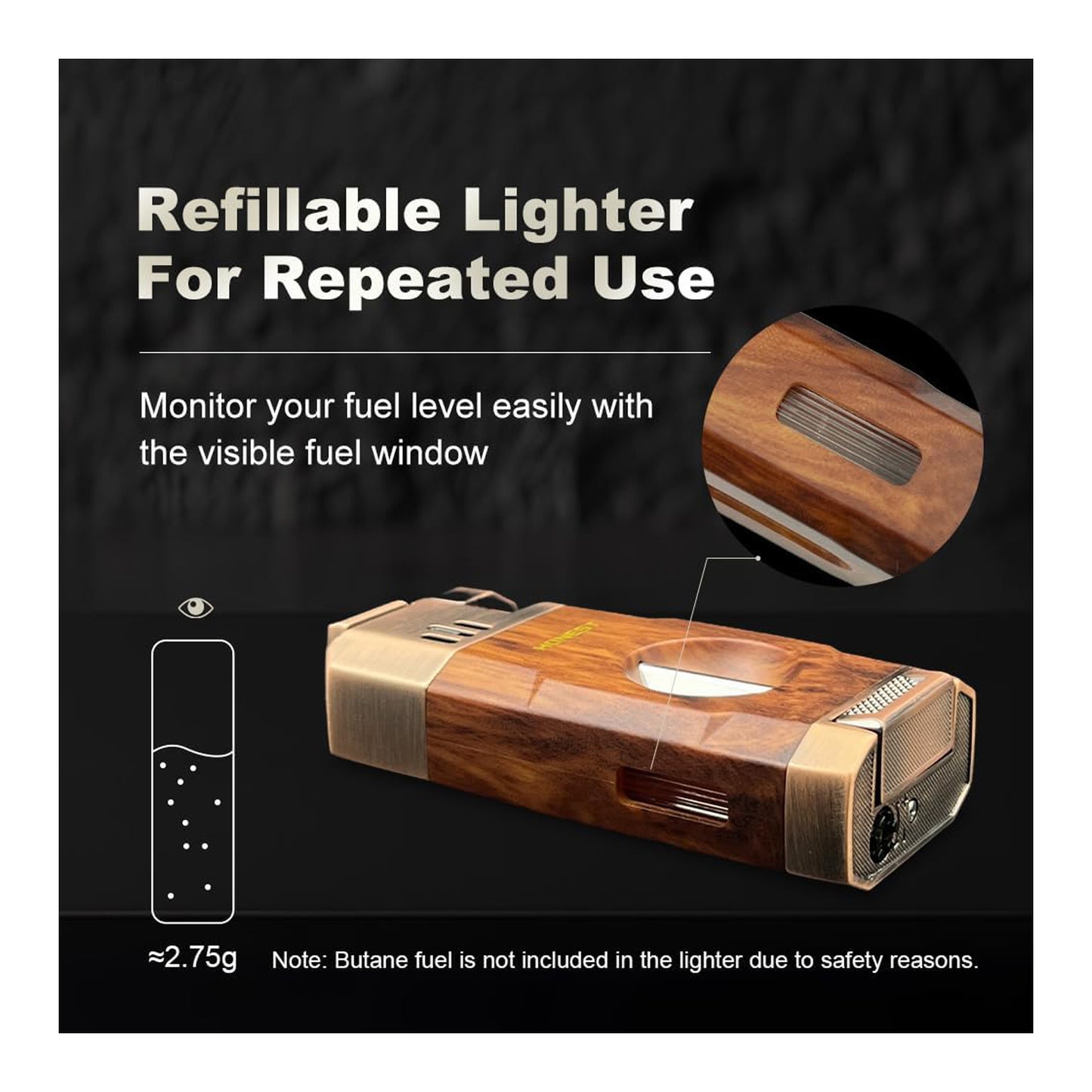 Honest All-in-One Windproof Outdoor Lighter with Dual Jet Flame Built-in Cutter, Butane Refillable and Flames Adjustable, Visible Gas Tank, Portable for Travel, Candle Lovers, Box Included