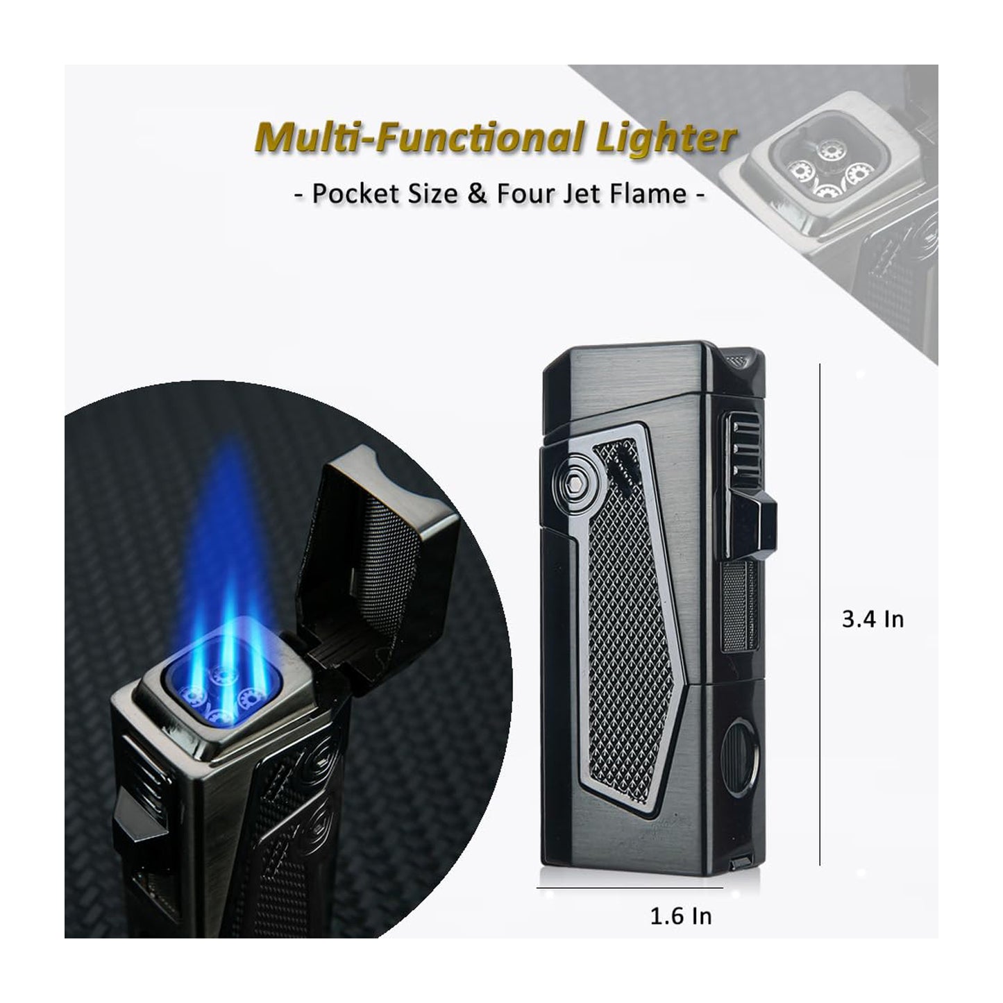 Quadruple Jet Flame Metal Torch Lighter – Refillable Butane Lighter for Men, Perfect Gadgets and Gift Ideas