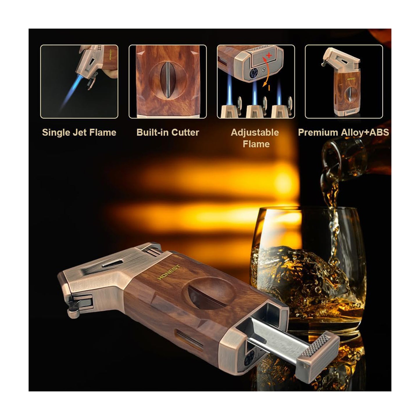 Honest Torch Lighter with V Cutter,Refillable Windproof Adjustable Jet Flame with Fuel Window Butane Torch Lighter,Gifts for Men (Butane not Include)