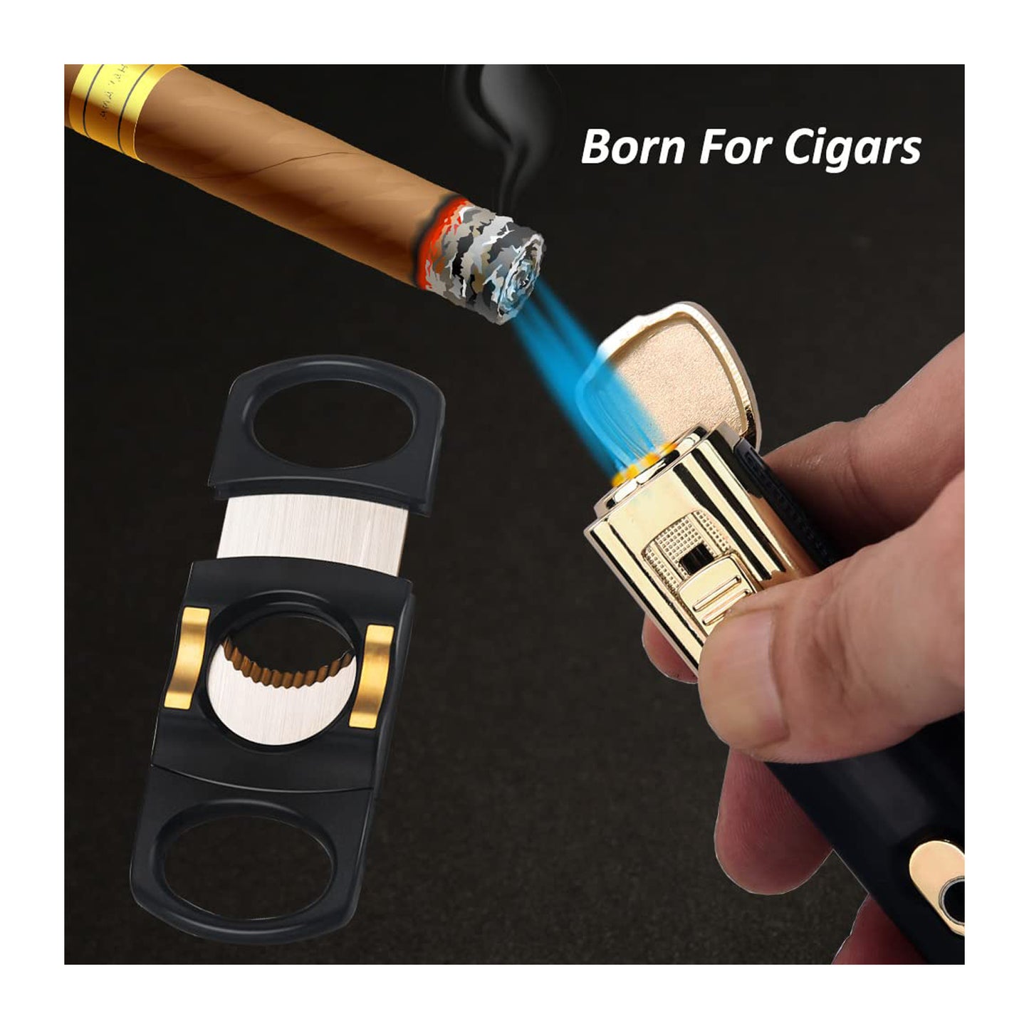 HONEST Cigar Lighter and Cutter Gift Set – Windproof Triple Jet Flame Butane Refillable Lighter with Built-in Cigar Punch