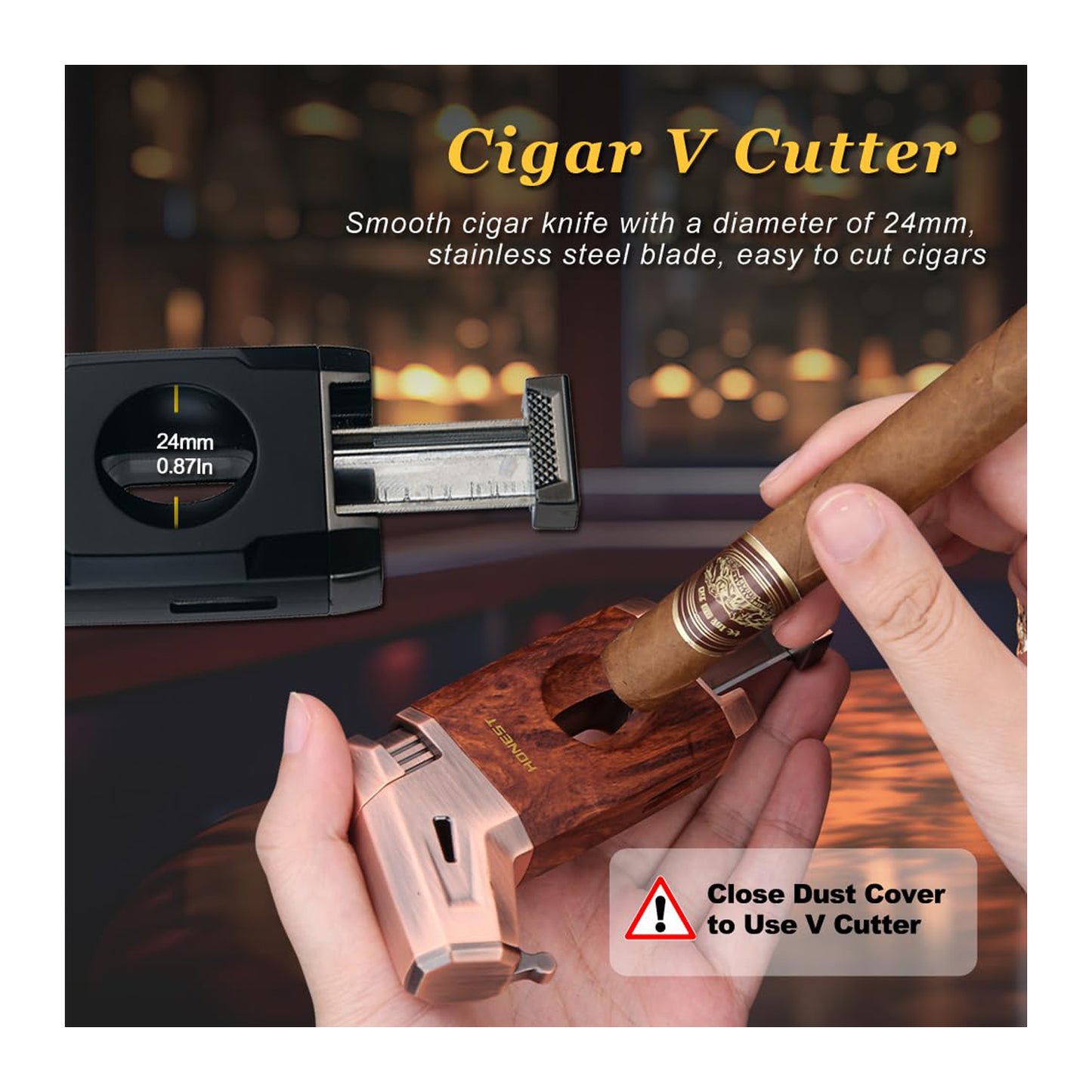 HONEST Refillable Torch Cigar Lighter – Windproof Jet Flame with Built-in V Cigar Cutter, Perfect Gift Box for Christmas, All-in-One Lighter for Smoking and Cigars