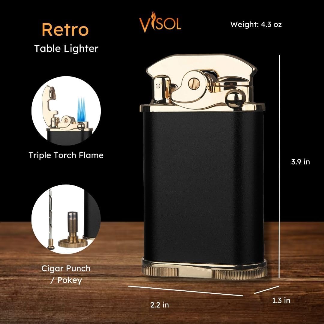 Honest Retro Triple Flame Butane Lighter, Refillable, Windproof, Adjustable Flame, Built-in Cutter, Detachable Poker