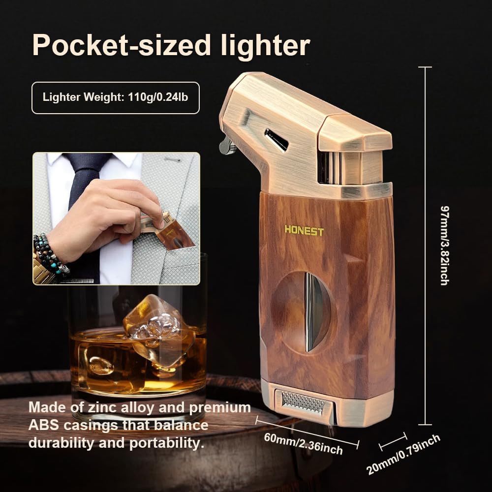 Honest Torch Lighter with V Cutter,Refillable Windproof Adjustable Jet Flame with Fuel Window Butane Torch Lighter,Gifts for Men (Butane not Include)