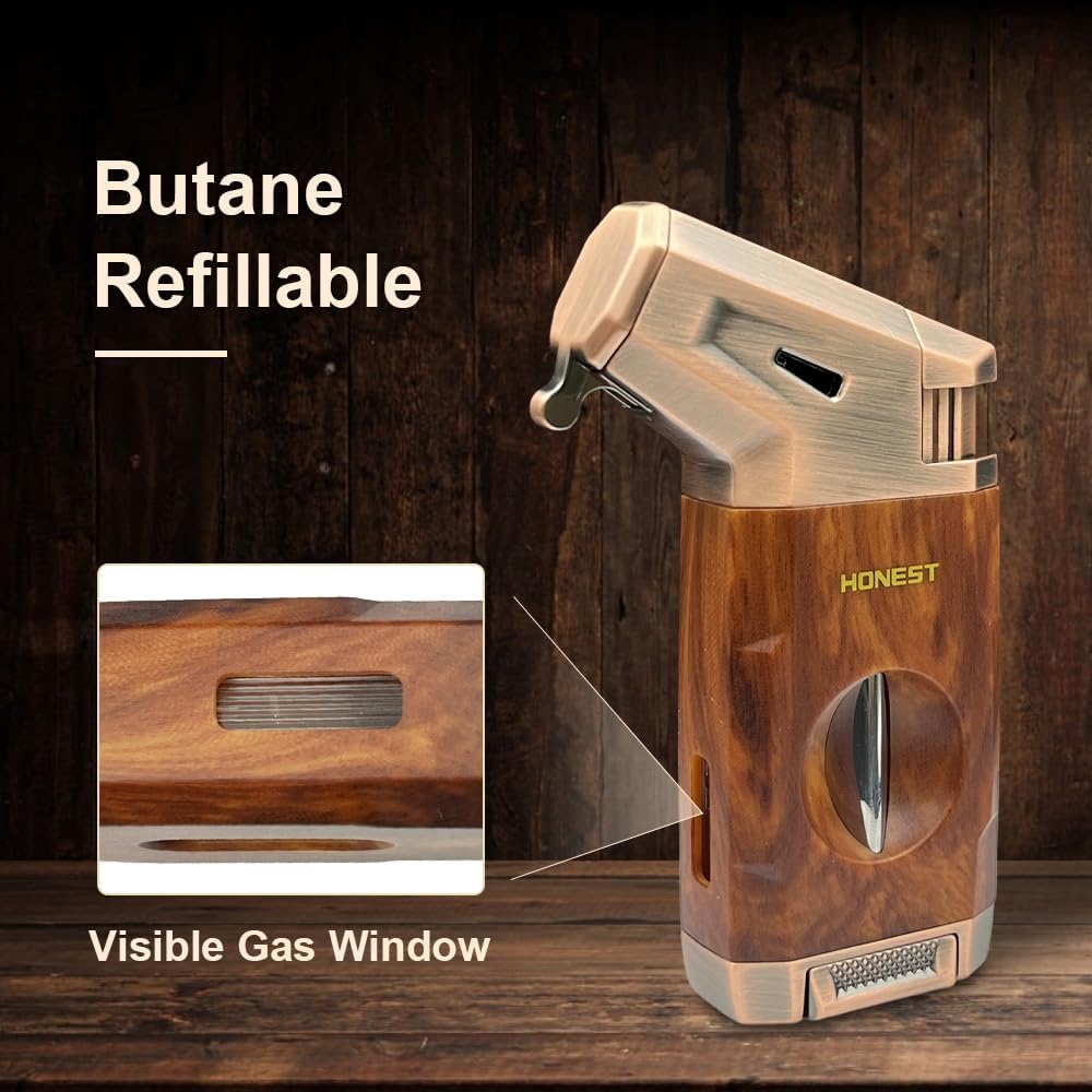 Honest Torch Lighter with V Cutter,Refillable Windproof Adjustable Jet Flame with Fuel Window Butane Torch Lighter,Gifts for Men (Butane not Include)