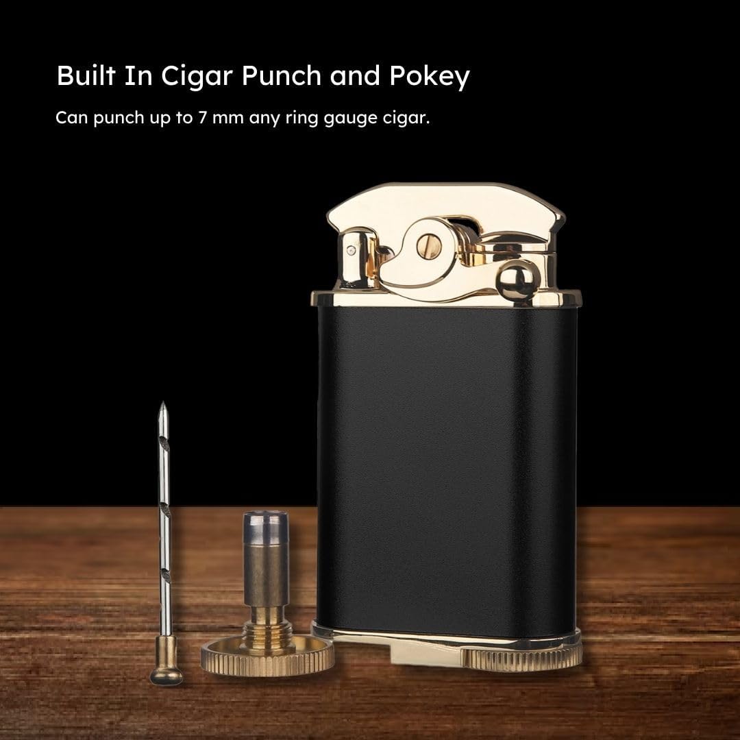 Honest Retro Triple Flame Butane Lighter, Refillable, Windproof, Adjustable Flame, Built-in Cutter, Detachable Poker