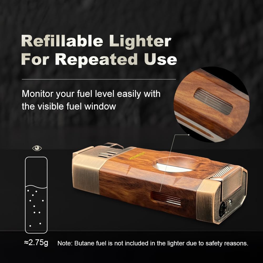Honest All-in-One Windproof Outdoor Lighter with Dual Jet Flame Built-in Cutter, Butane Refillable and Flames Adjustable, Visible Gas Tank, Portable for Travel, Candle Lovers, Box Included