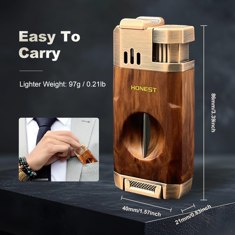 Honest All-in-One Windproof Outdoor Lighter with Dual Jet Flame Built-in Cutter, Butane Refillable and Flames Adjustable, Visible Gas Tank, Portable for Travel, Candle Lovers, Box Included