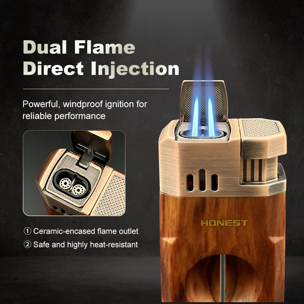 Honest All-in-One Windproof Outdoor Lighter with Dual Jet Flame Built-in Cutter, Butane Refillable and Flames Adjustable, Visible Gas Tank, Portable for Travel, Candle Lovers, Box Included
