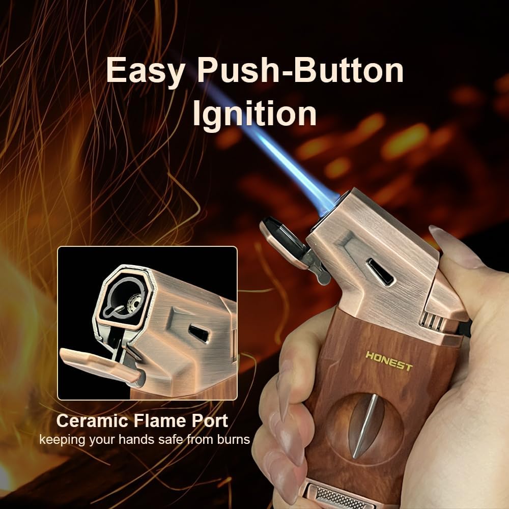 Honest Torch Lighter with V Cutter,Refillable Windproof Adjustable Jet Flame with Fuel Window Butane Torch Lighter,Gifts for Men (Butane not Include)