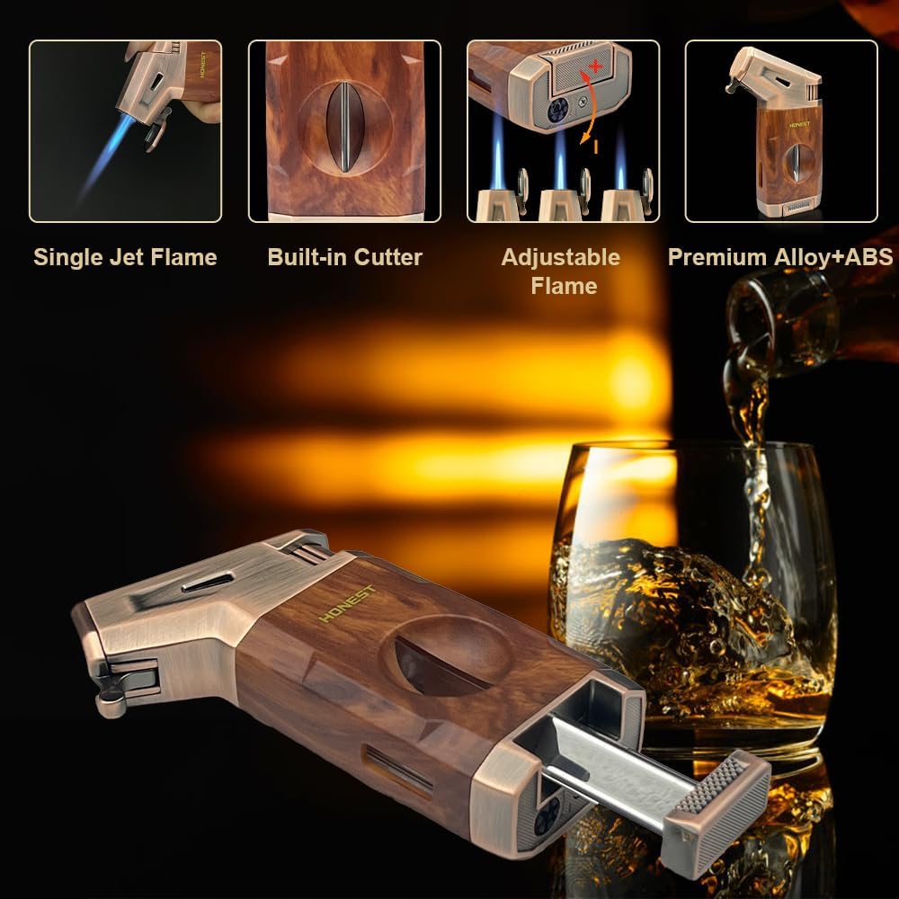 Honest Torch Lighter with V Cutter,Refillable Windproof Adjustable Jet Flame with Fuel Window Butane Torch Lighter,Gifts for Men (Butane not Include)