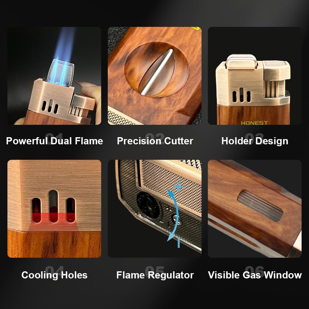 Honest All-in-One Windproof Outdoor Lighter with Dual Jet Flame Built-in Cutter, Butane Refillable and Flames Adjustable, Visible Gas Tank, Portable for Travel, Candle Lovers, Box Included