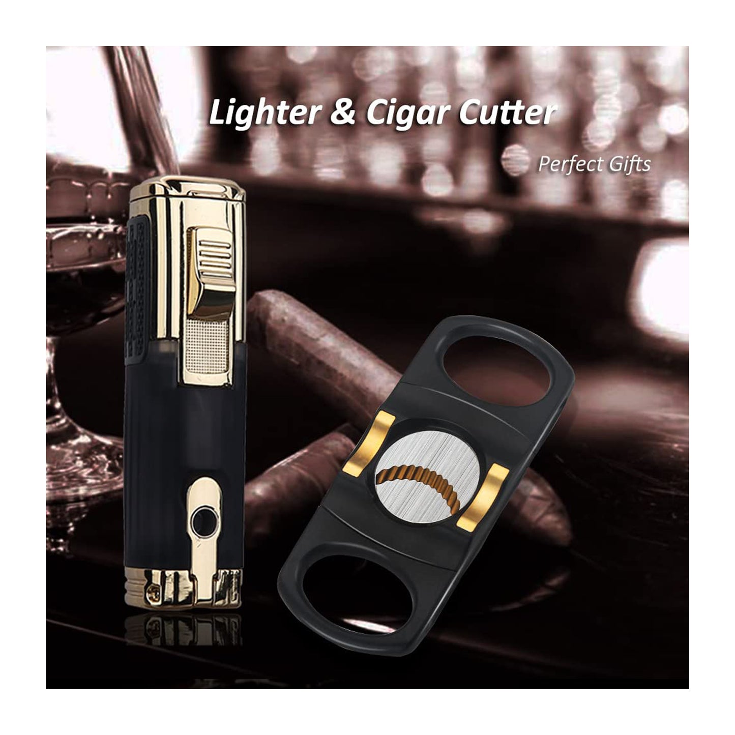 HONEST Cigar Lighter and Cutter Gift Set – Windproof Triple Jet Flame Butane Refillable Lighter with Built-in Cigar Punch