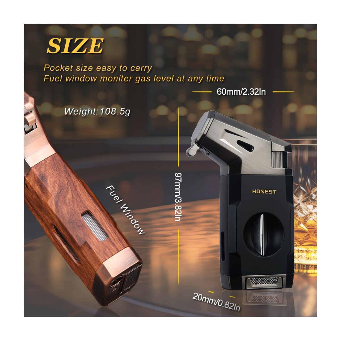 HONEST Refillable Torch Cigar Lighter – Windproof Jet Flame with Built-in V Cigar Cutter, Perfect Gift Box for Christmas, All-in-One Lighter for Smoking and Cigars