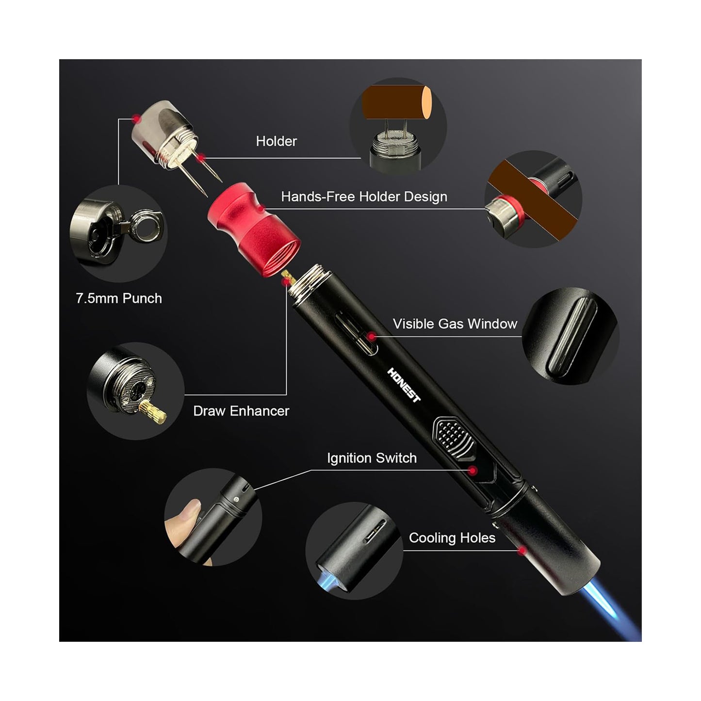 Honest Torch Lighters,5 in 1 Refillable Butane Torch Lighters,Butane Not Included, Windproof Adjustable Jet Flame Pen Shape Lighter with Cutter Punch,Holder,Draw Tool Gas Lighter Accessories Kit in Gift Box